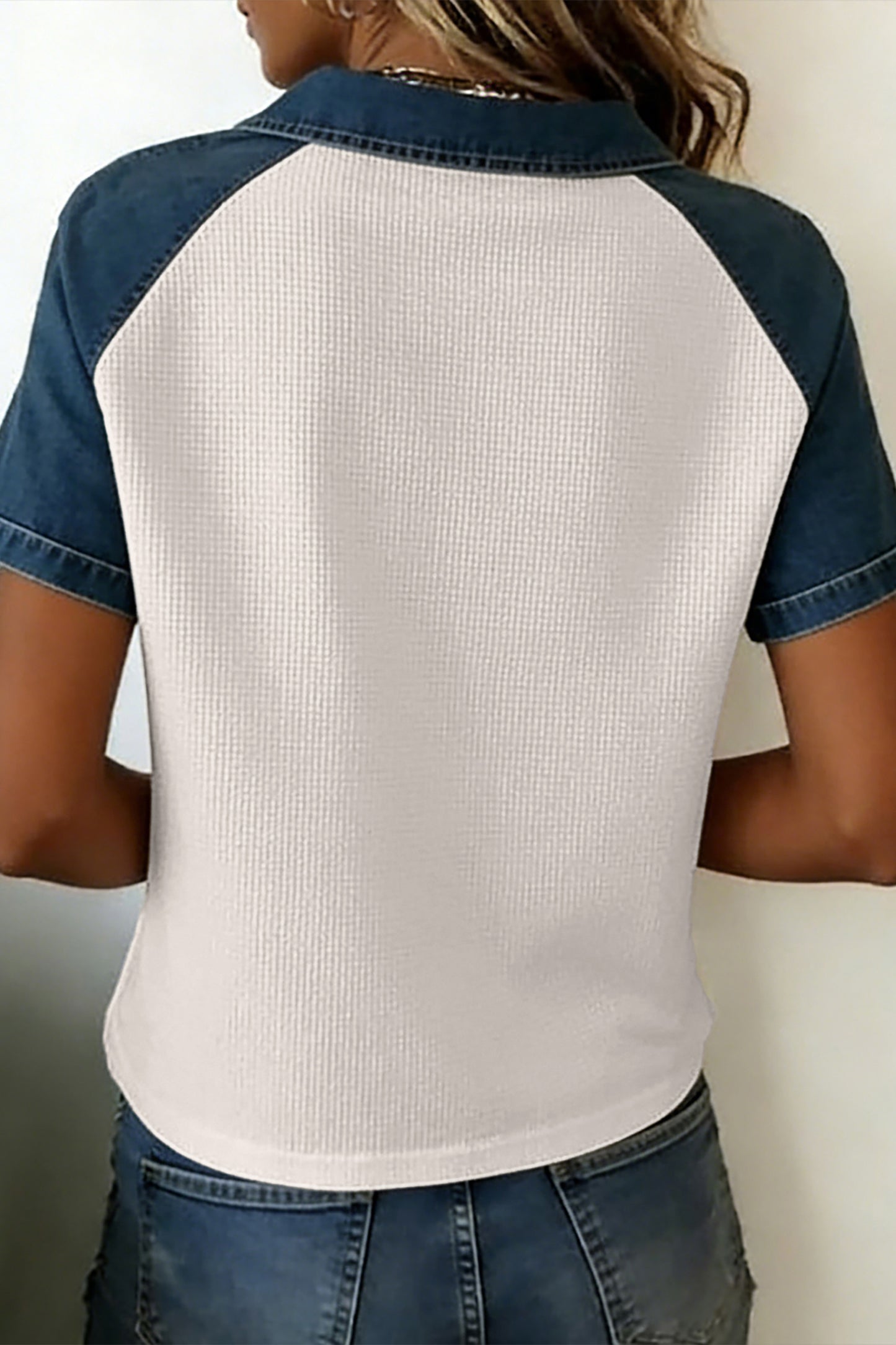 White Textured Color Block Denim Patchwork Polo Collar Tee