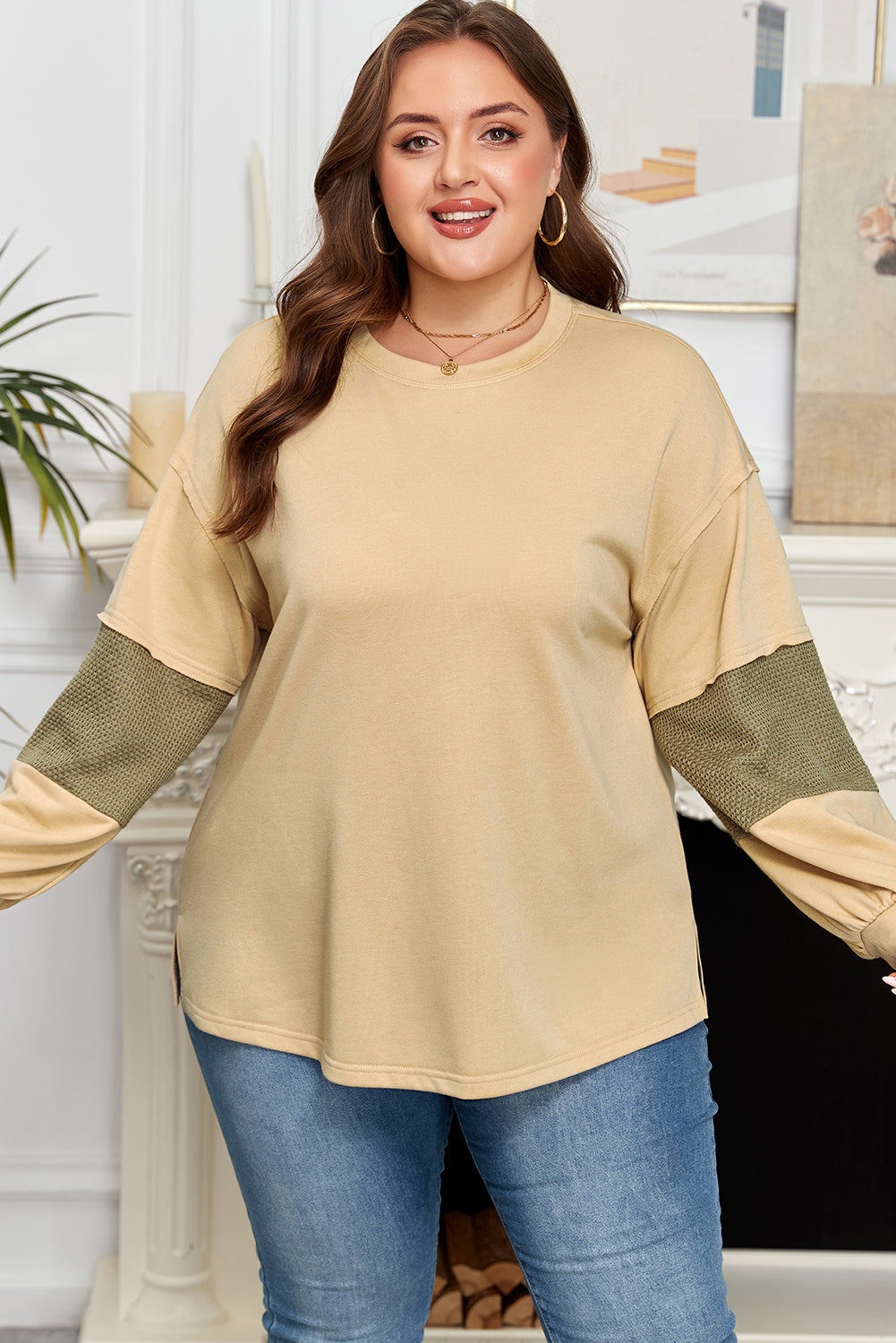 Laurel Green Exposed Seam Texture Patchwork Plus Size Drop Shoulder Pullover