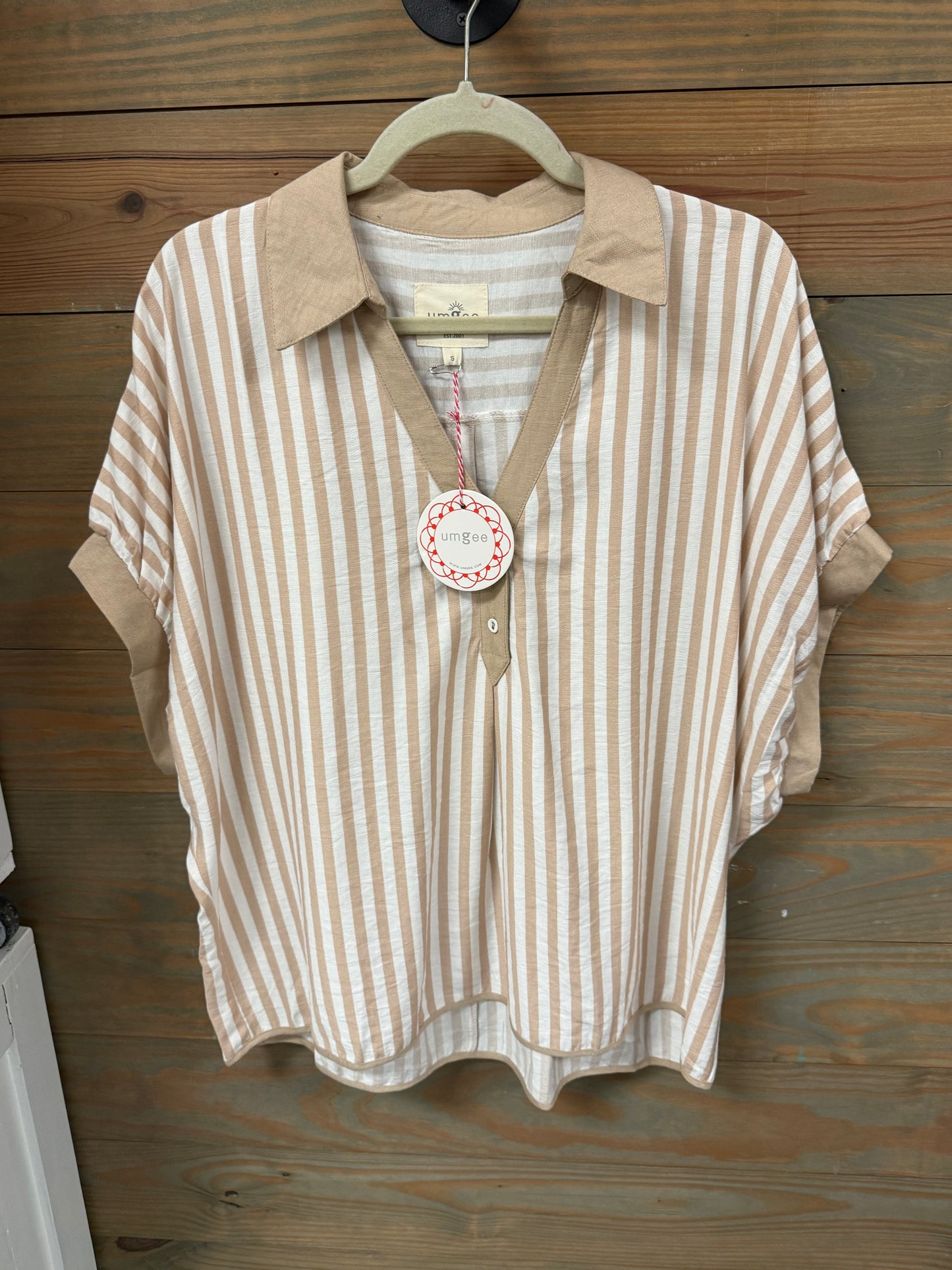 Umgee Collared V-Neck Stripe Top
