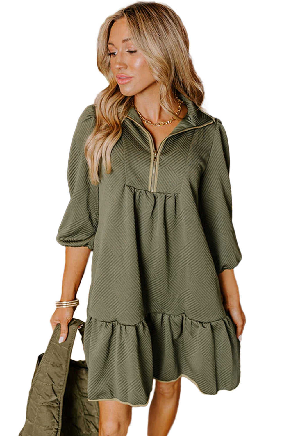 Jungle Green Quarter Zip Collar Bracelet Sleeve Textured Mini Dress