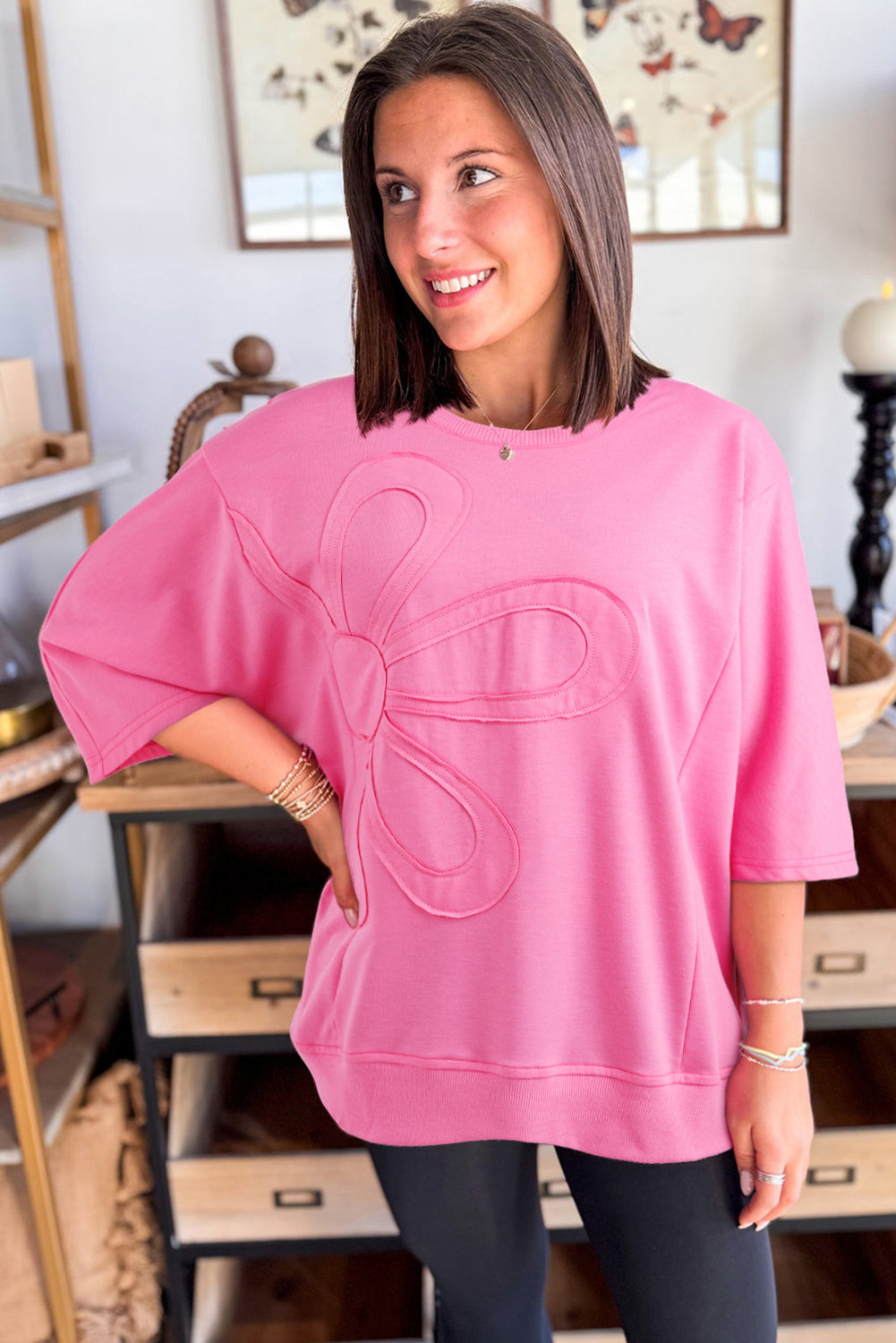 Clearly Aqua Solid Color Floral Patched Half Sleeve Tunic Top