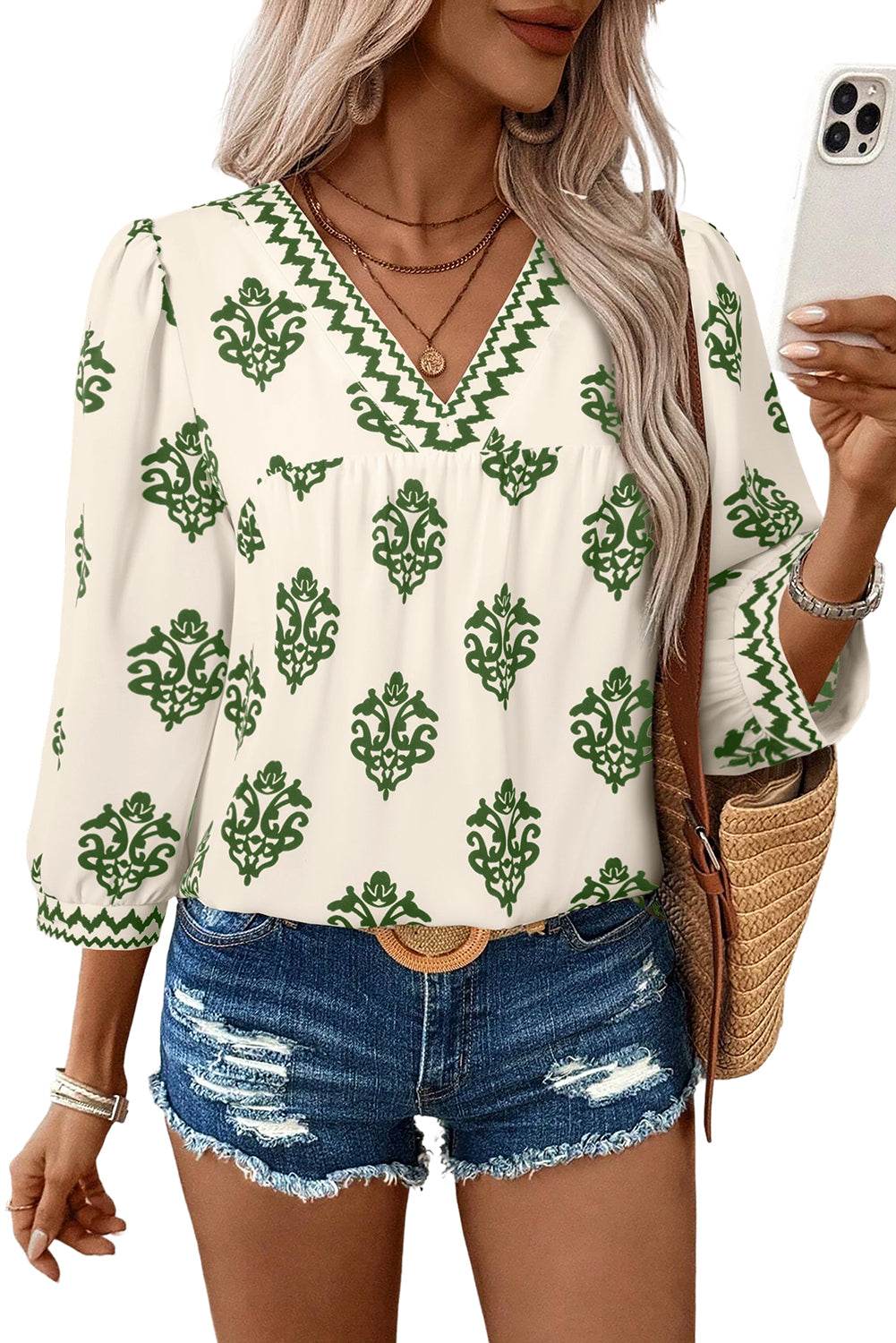 Green Damask Floral Print Contrast V Neck 3/4 Sleeve Blouse