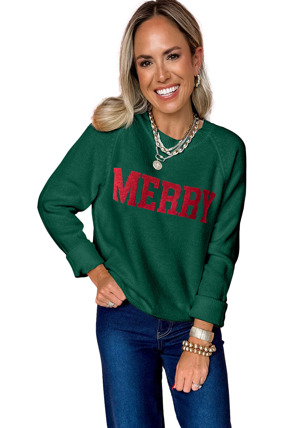 Blackish Green MERRY Letter Pattern Christmas Raglan Sleeve Sweater