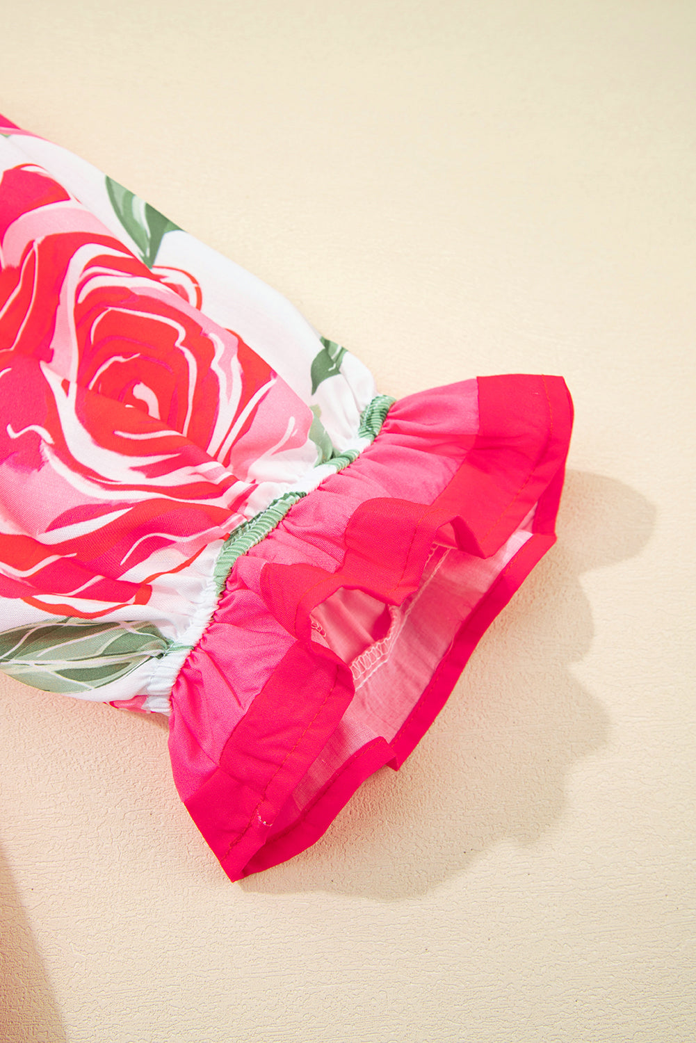 Rose Floral Print Ruffle Puff Sleeve Pop of Color Neckline Blouse