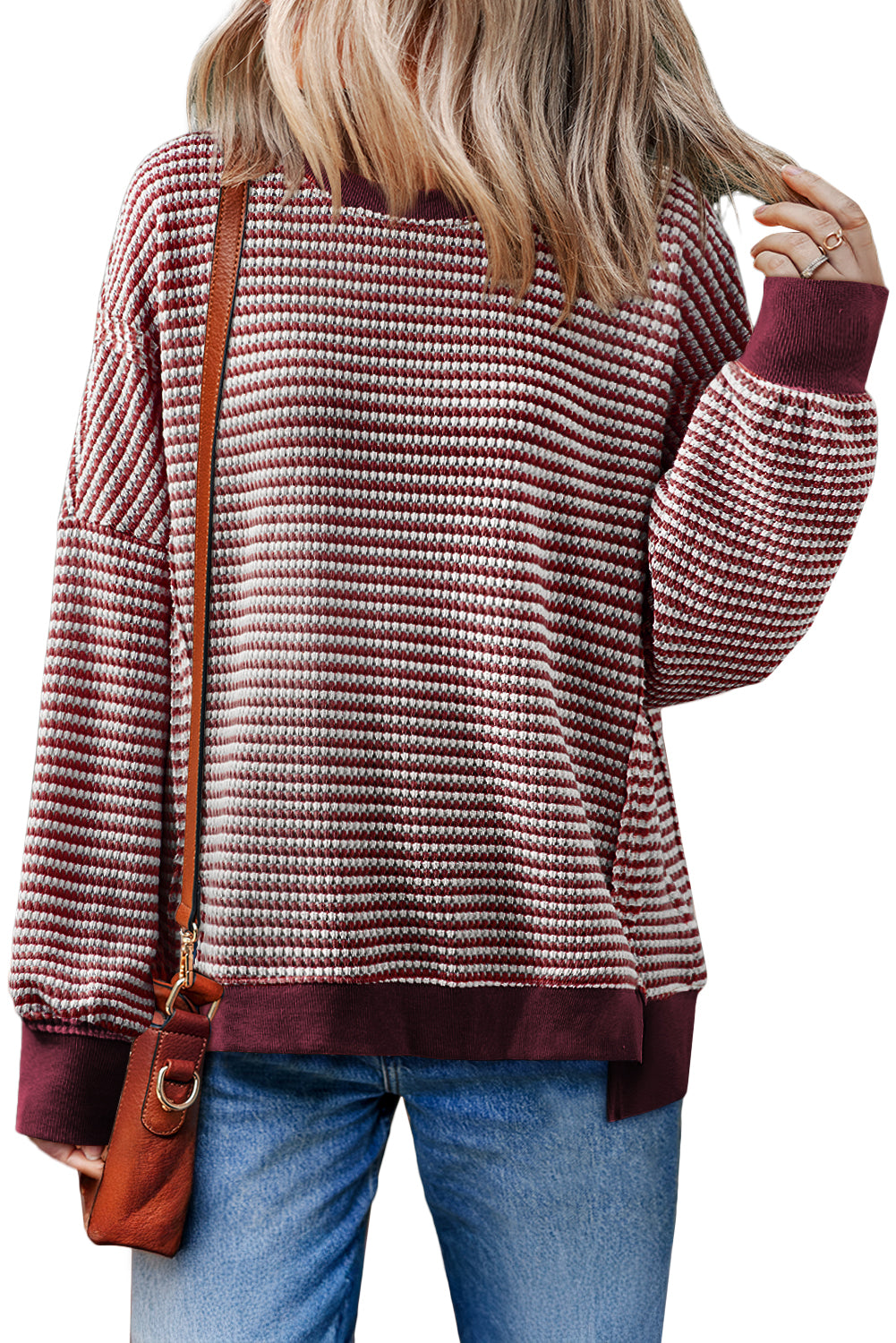 Brown Stripe Ribbed Trim Drop Shoulder Long Sleeve Oversized Top