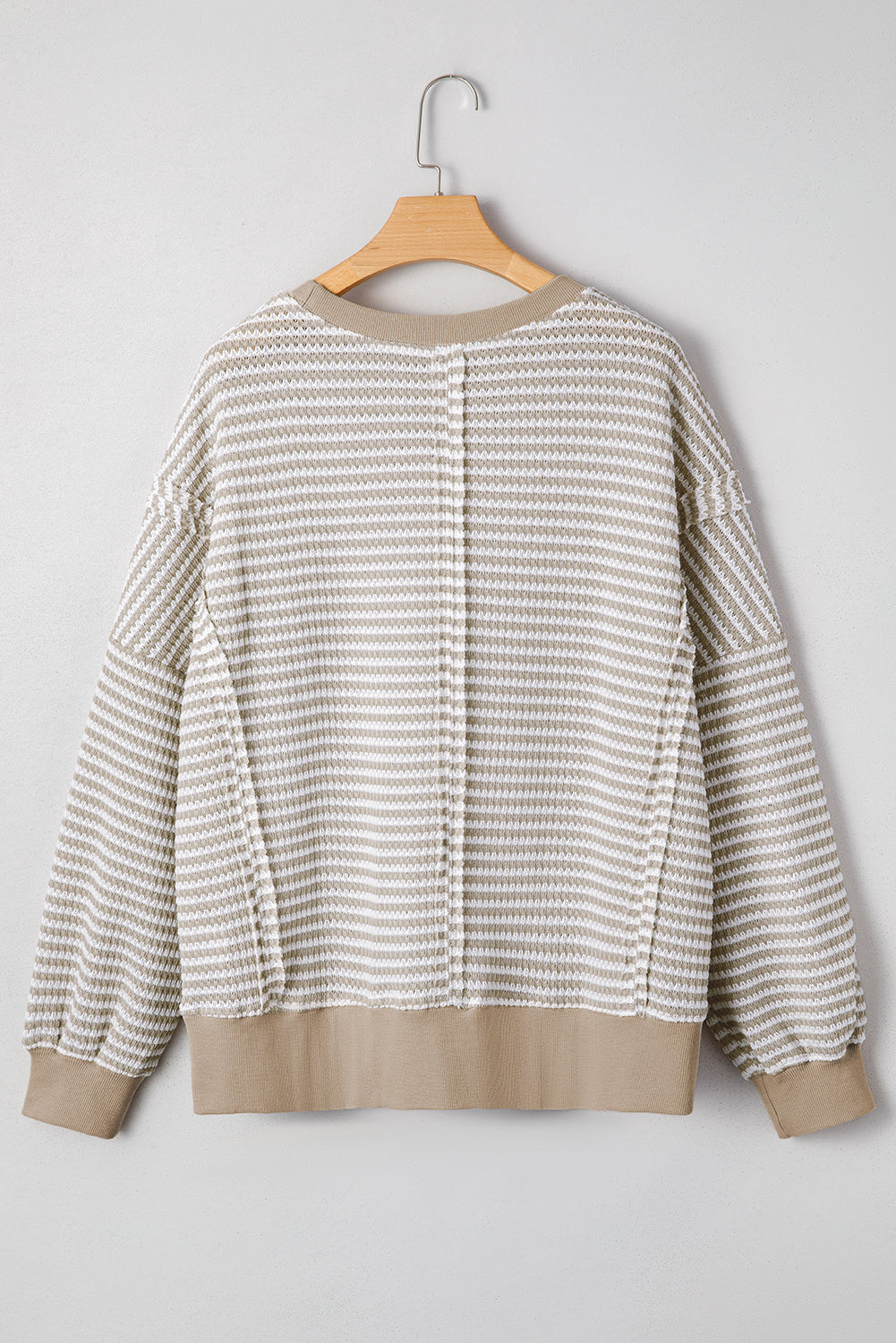 Brown Stripe Ribbed Trim Drop Shoulder Long Sleeve Oversized Top