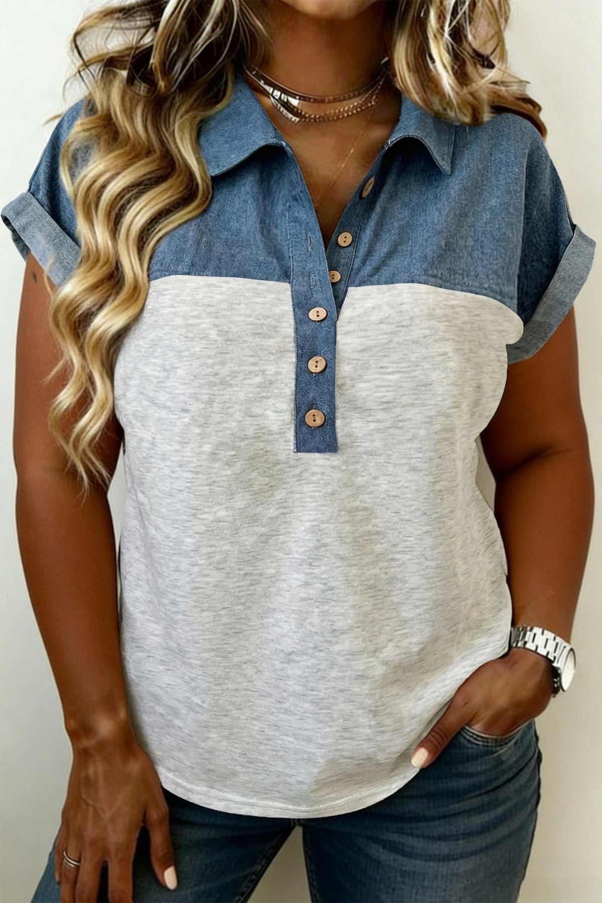 Light Grey Half Buttons Collared Denim Patchwork Plus Short Sleeve Top