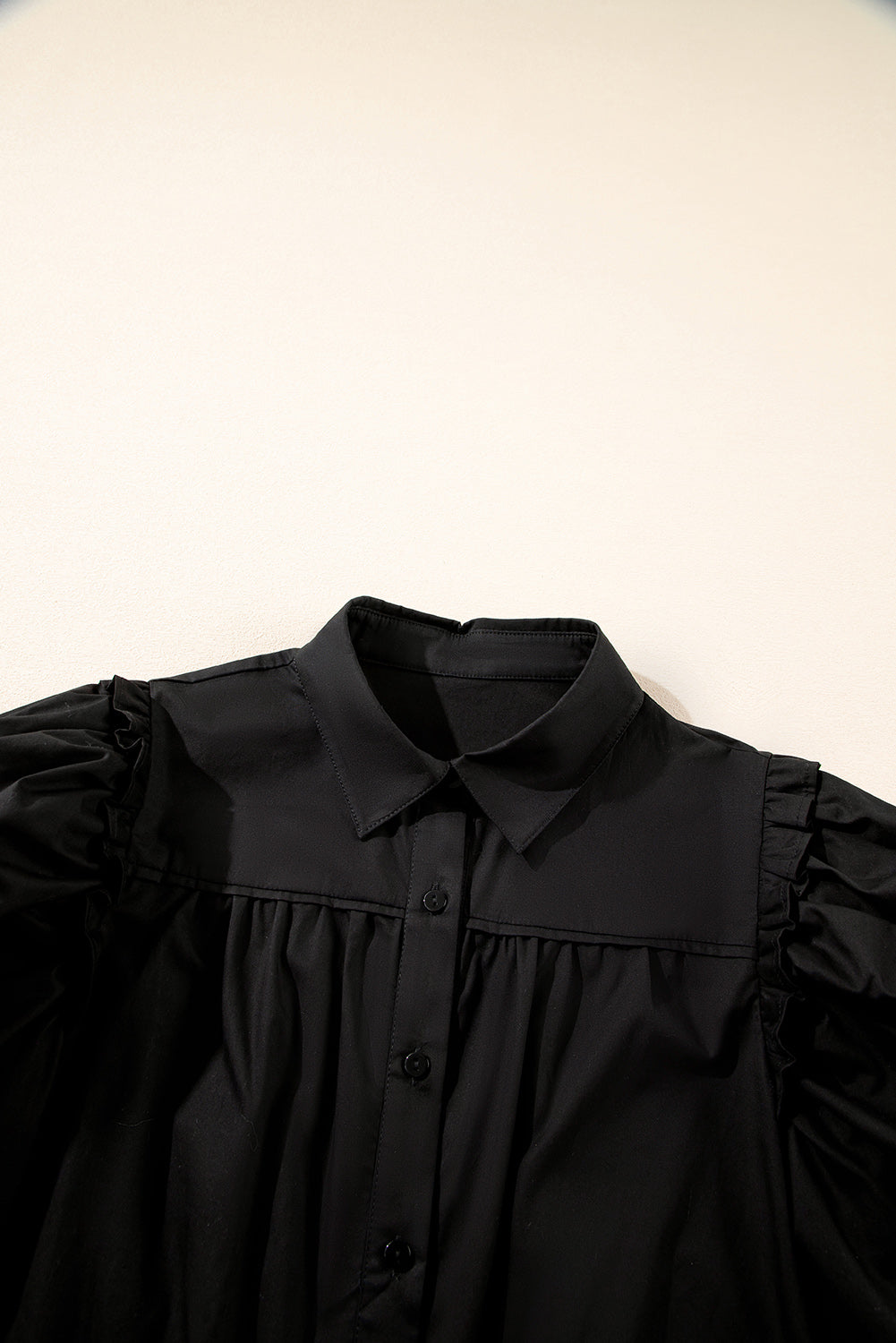Black Solid Color Puff Sleeve Stylish Collared Shirt