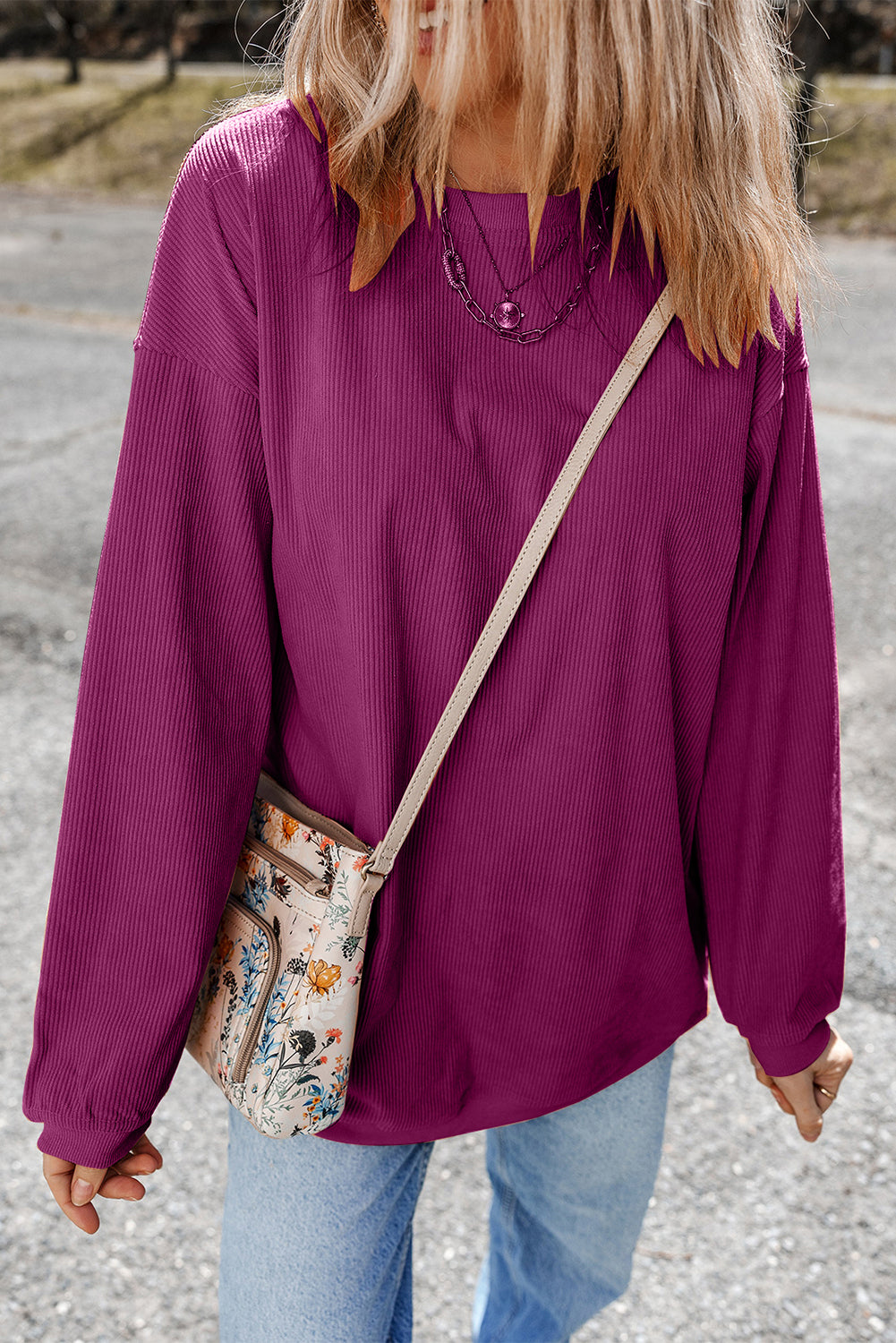 Smoke Gray Plain Drop Sleeve Crinkle Rib Oversized Sweatshirt