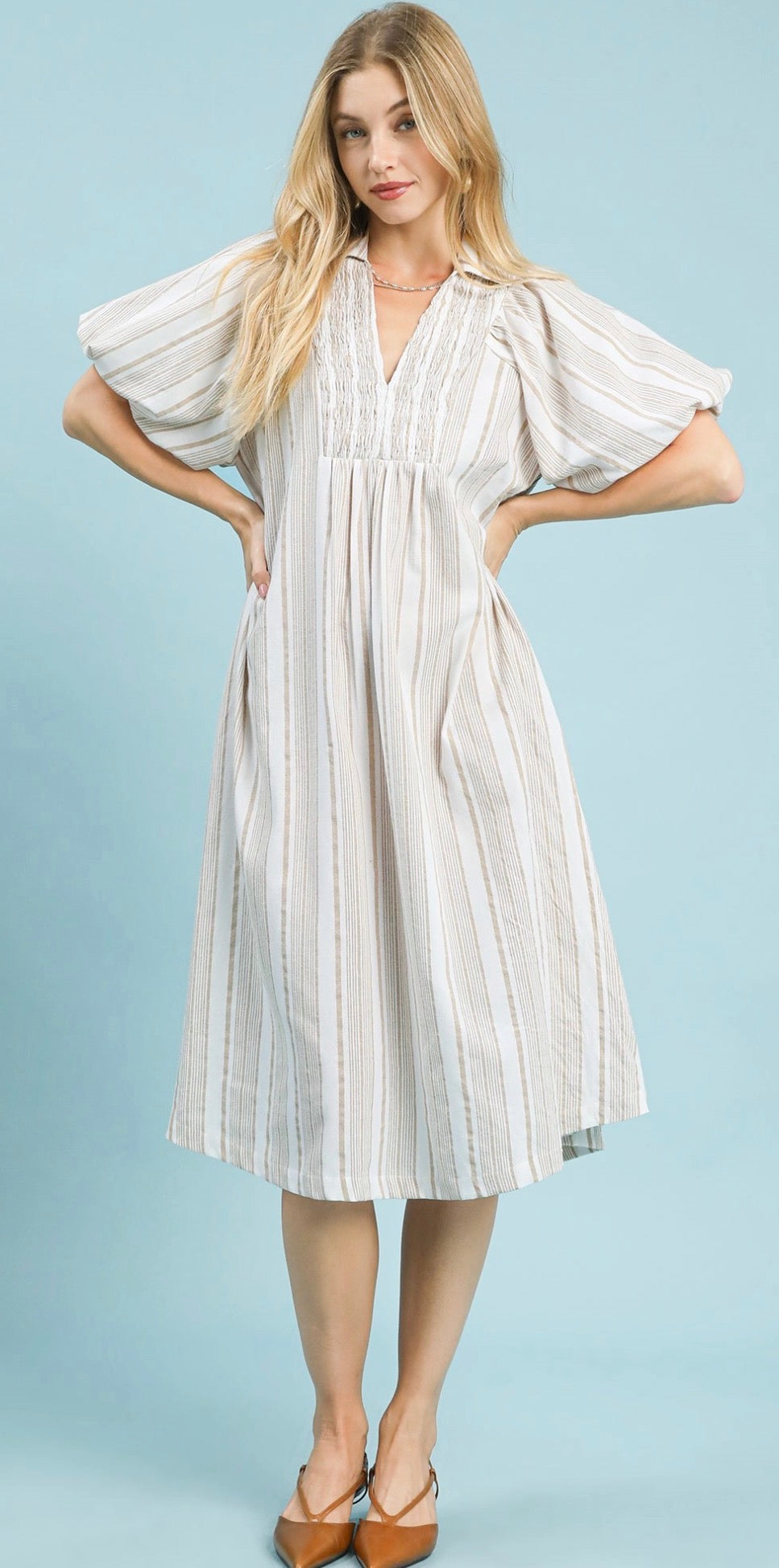 Umgee V Neck Khaki Stripe Maxi Dress