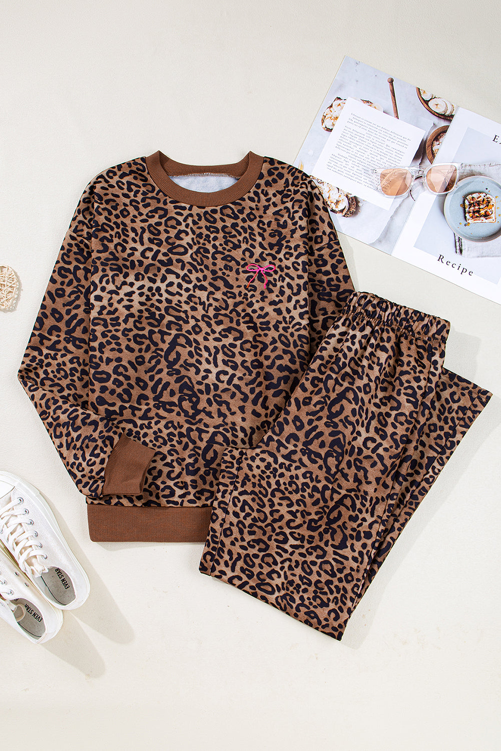 Coffee Allover Leopard Print Contrast Trim Long Sleeve Top and Pants Set