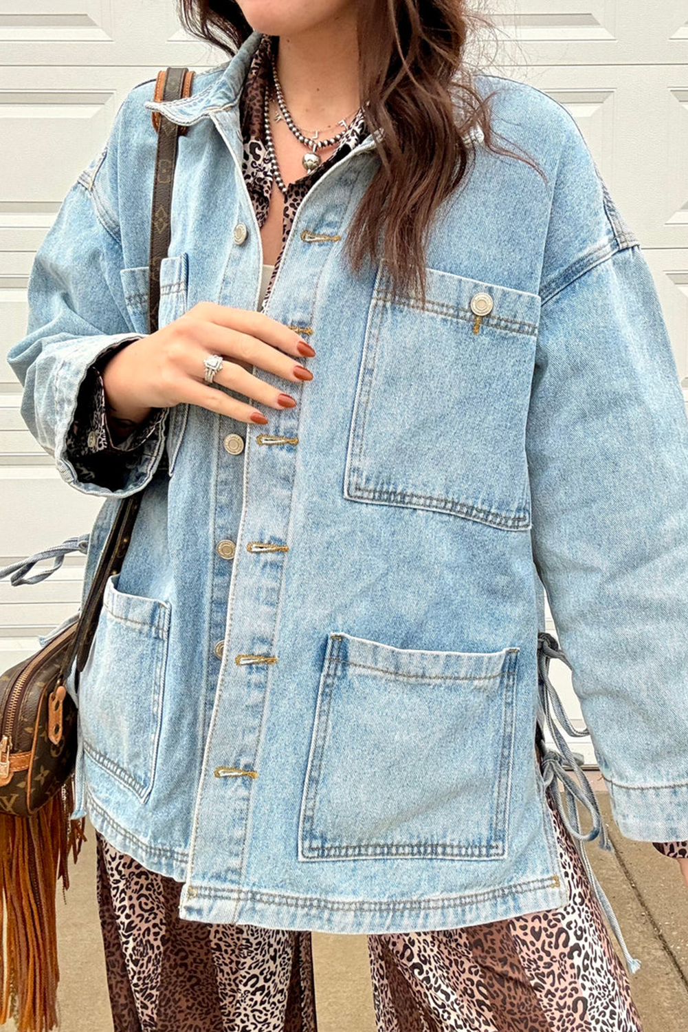 Beau Blue Multi Patched Pockets Side Tie up Boyfriend Style Denim Jacket