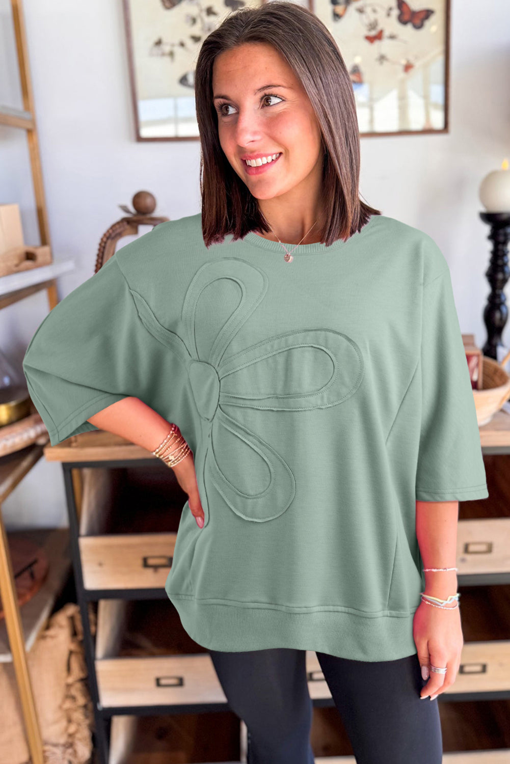 Clearly Aqua Solid Color Floral Patched Half Sleeve Tunic Top
