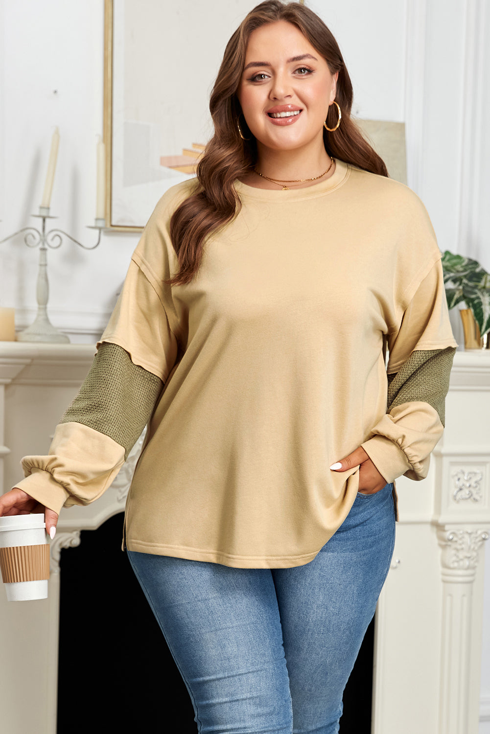Laurel Green Exposed Seam Texture Patchwork Plus Size Drop Shoulder Pullover
