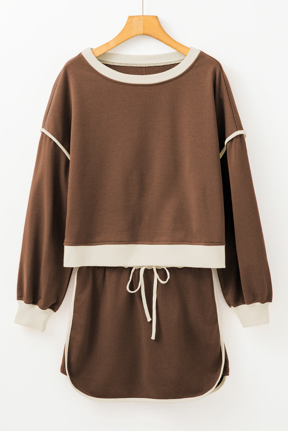 Coffee Contrast Trim Loose Pullover and Lace-up Waist Skort Set
