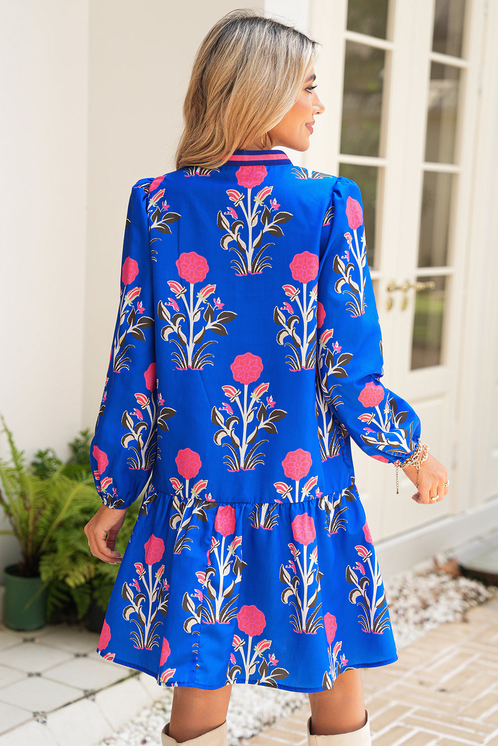 White Floral Print Pop of Color V Neck Mini Dress