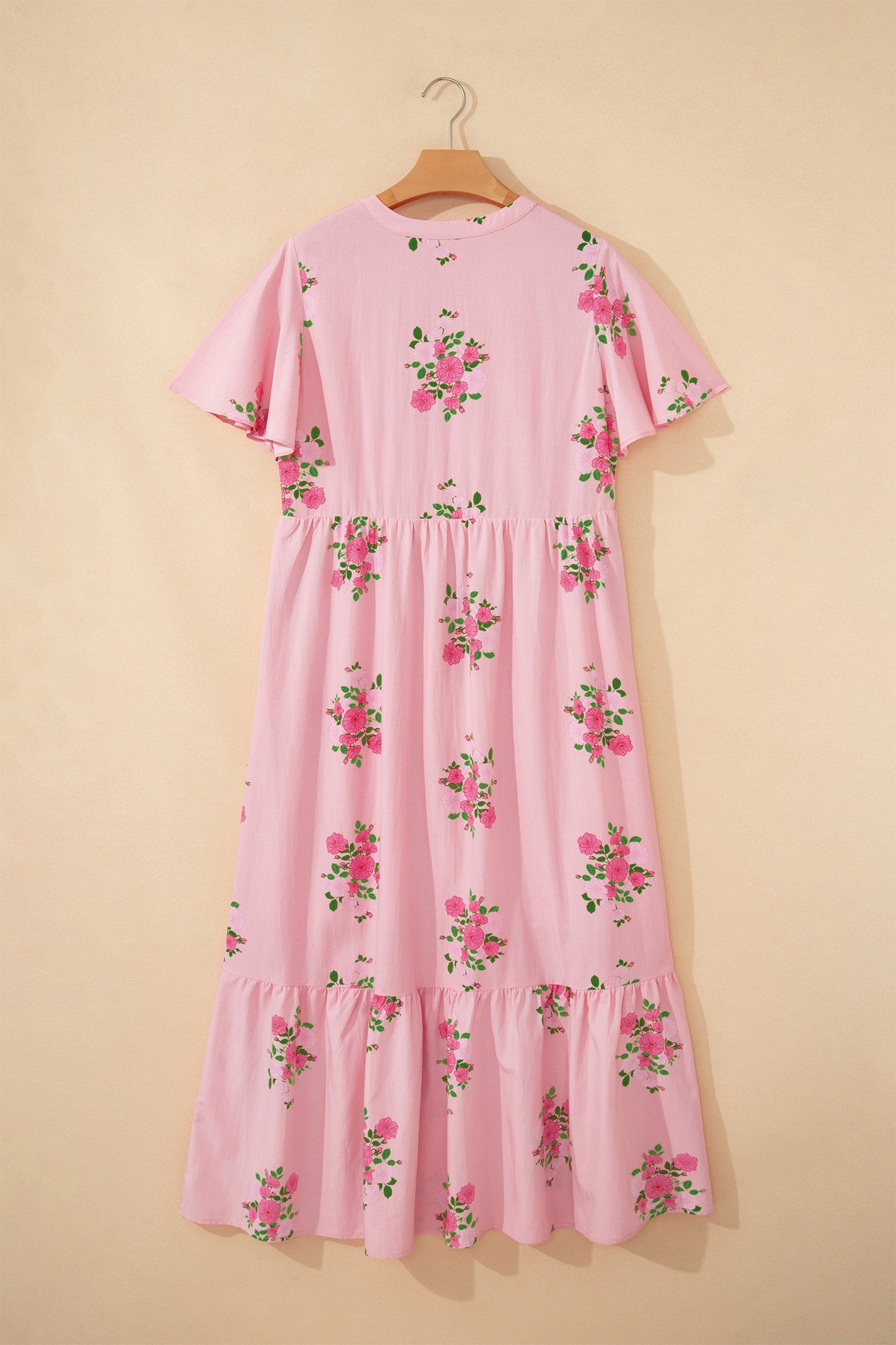Sky Blue Notched Neck Flutter Short Sleeve Floral Print Maxi Dress