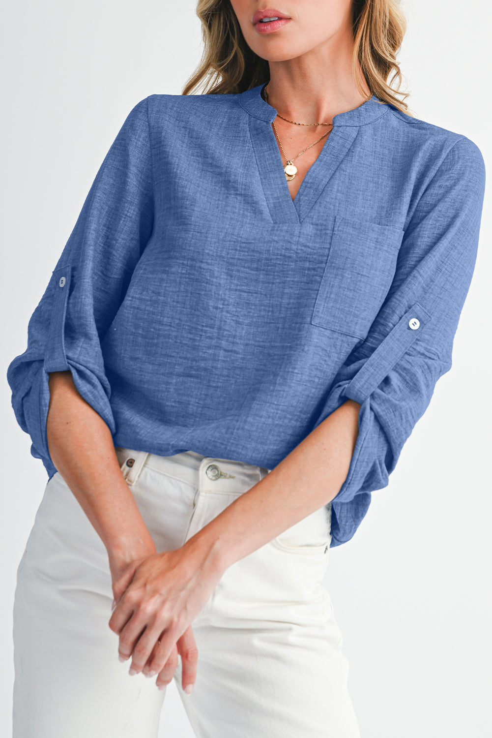Ashleigh Blue Chest Pocket V Neck Plain Roll-up Sleeve Blouse