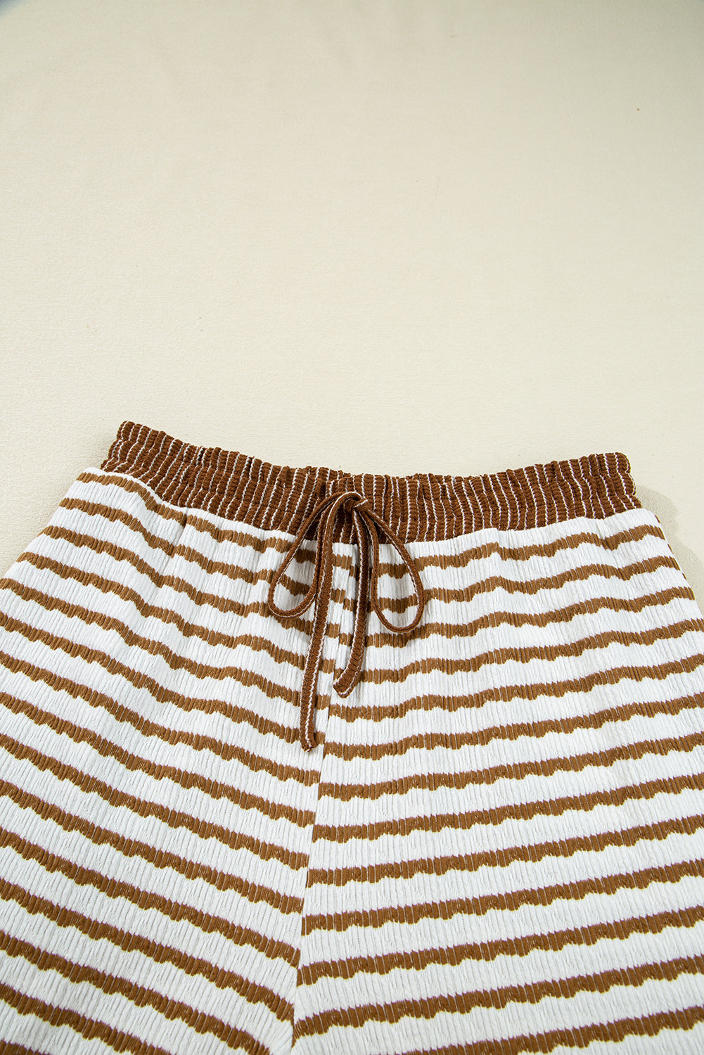 Khaki Stripe Textured Collared Pullover Top and Drawstring Pants Set