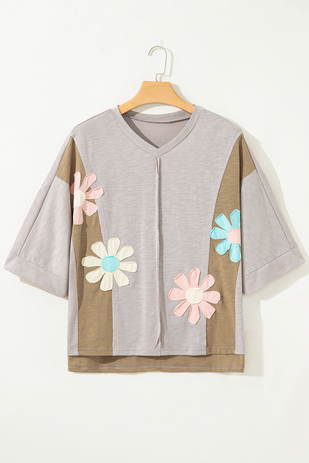 Pink Flower Patched Exposed Seam 3/4 Sleeve top