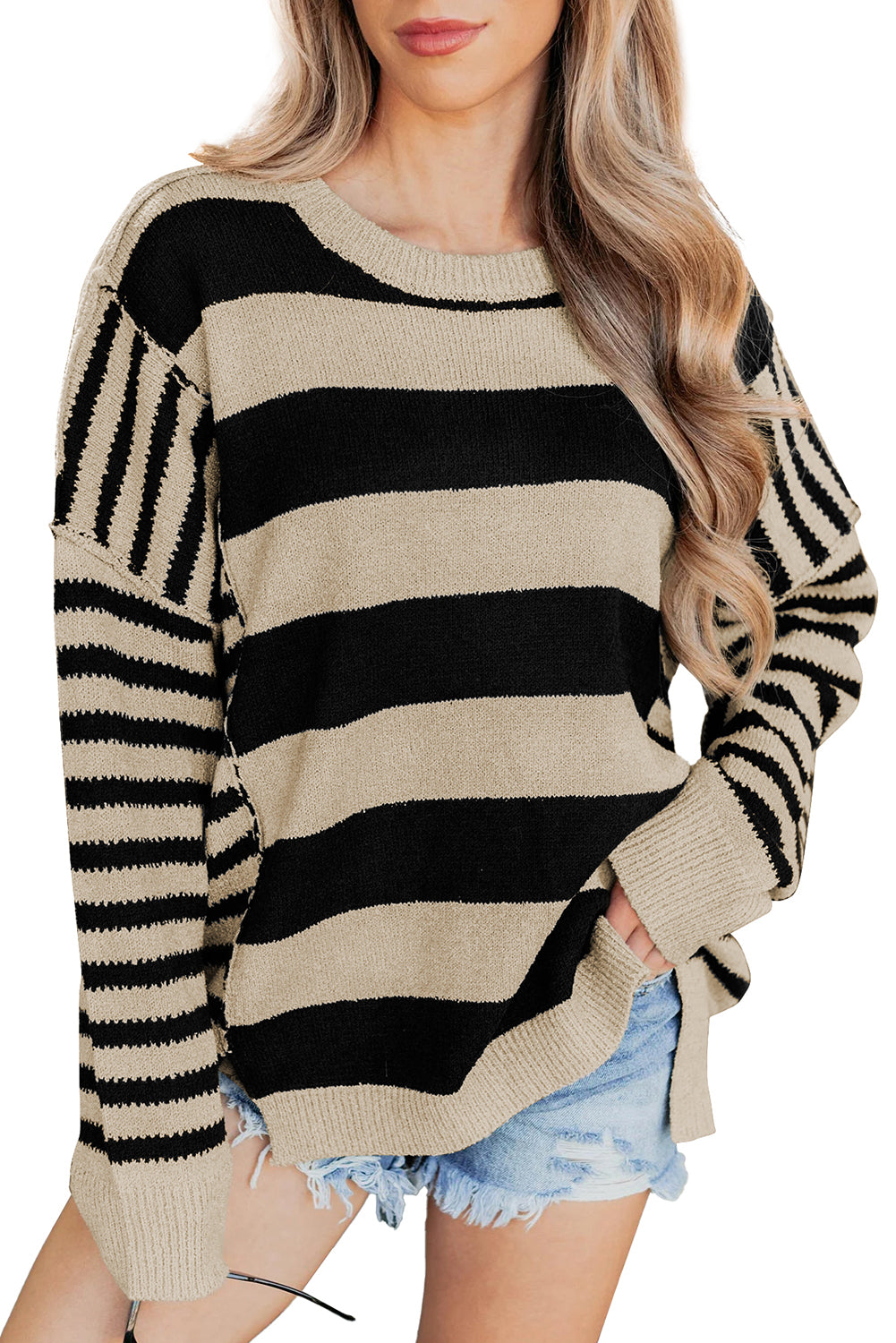 Black Stripe Drop Shoulder Sleeve Patchwork Baggy Sweater