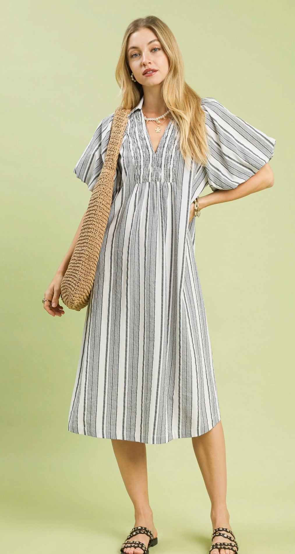 Umgee V Neck Black Stripe Maxi Dress