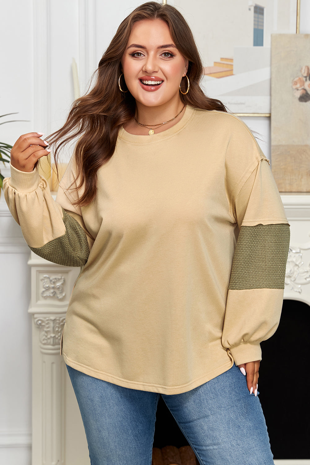 Laurel Green Exposed Seam Texture Patchwork Plus Size Drop Shoulder Pullover