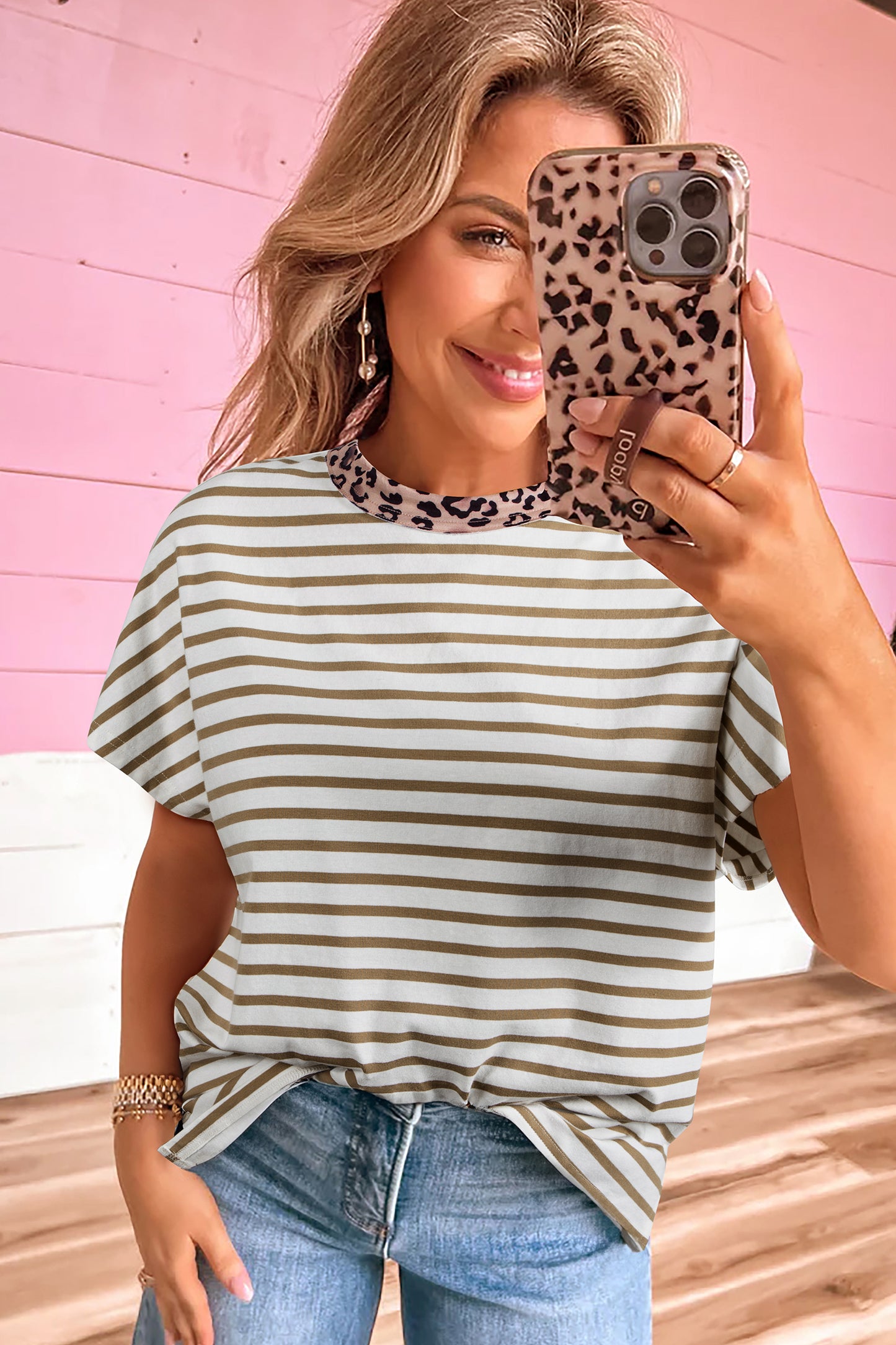 Khaki Stripe Leopard Patchwork Round Neck Loose T Shirt