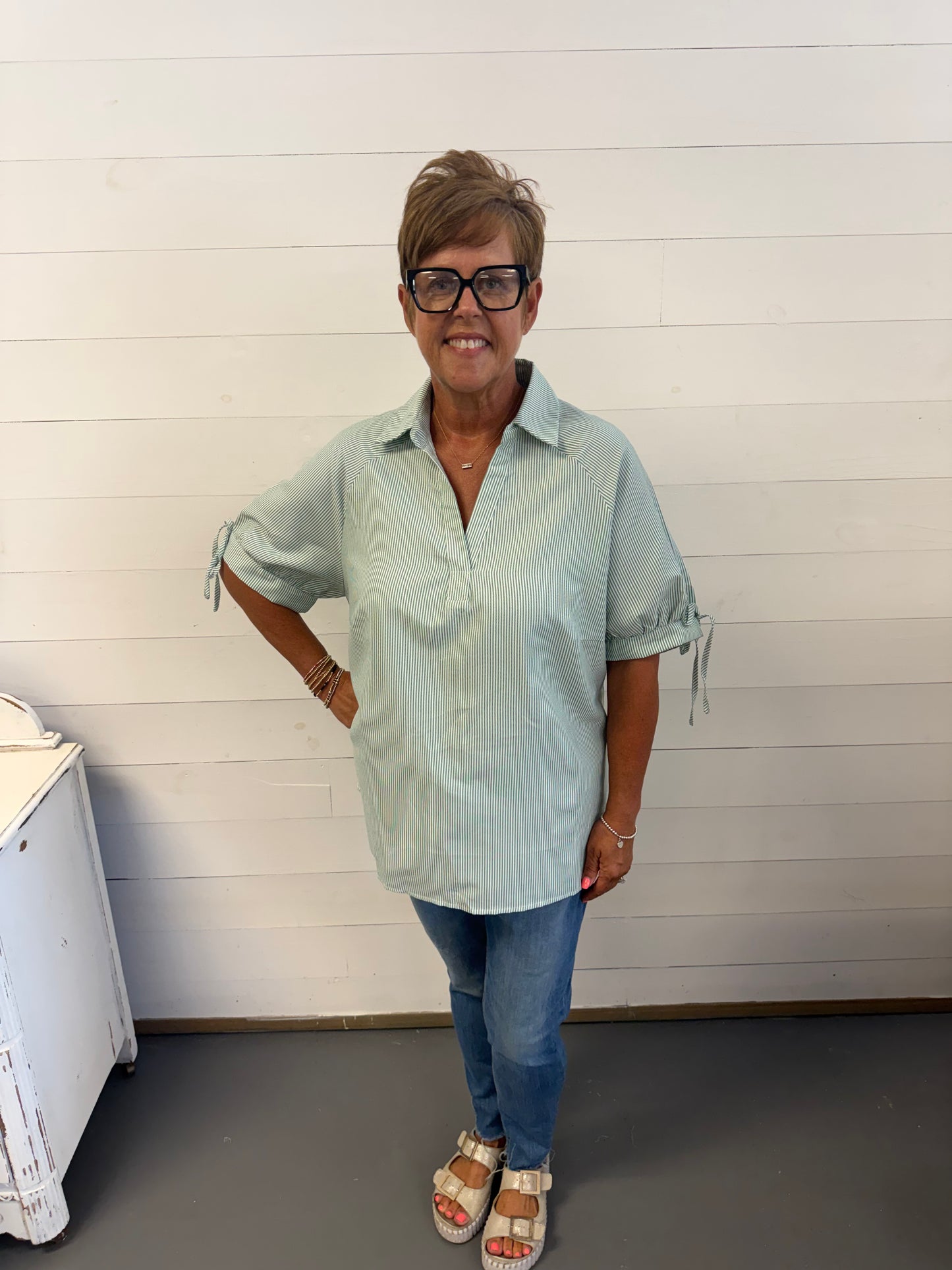 Green Stripe Collared Plus size Top