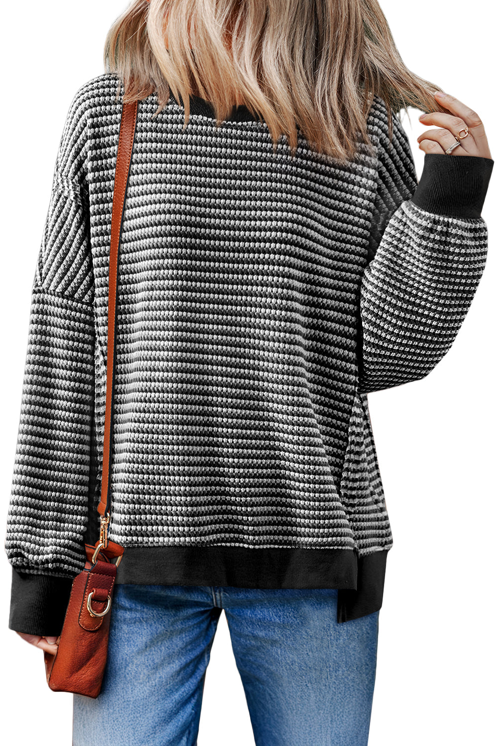 Brown Stripe Ribbed Trim Drop Shoulder Long Sleeve Oversized Top