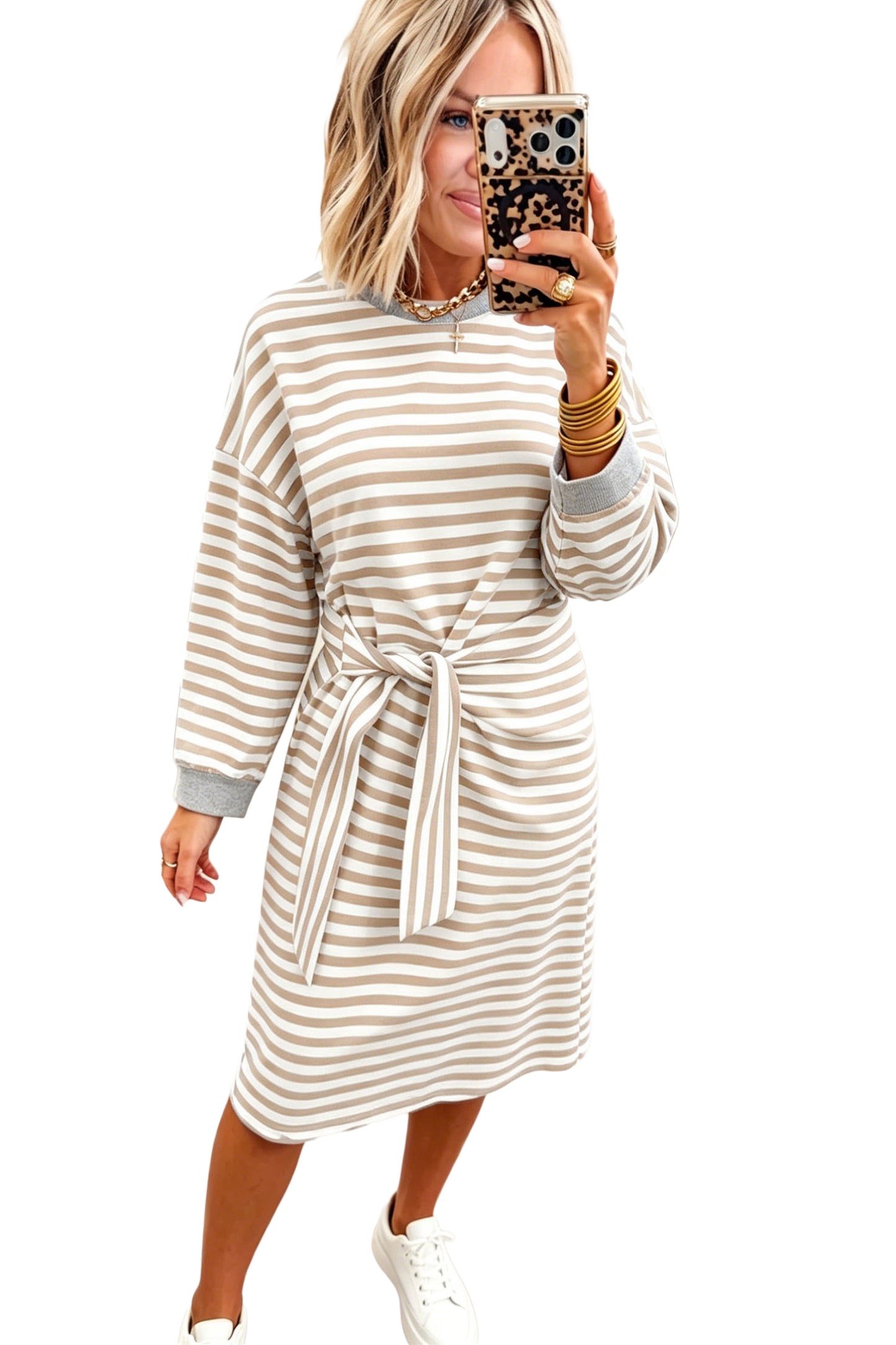 Brown Stripe Striped Colorblock Cuffs Round Neck Long Sleeve Shift Dress