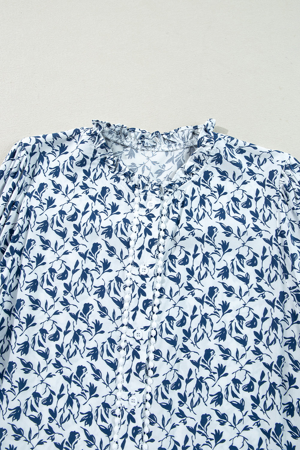 Khaki Printed Floral Print Lace Detail Puff Sleeve Shirt