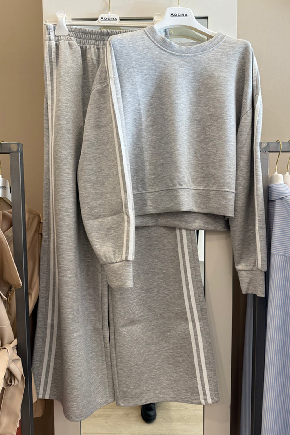 Gray Morn Varsity Striped Detail Cropped Pullover Wide Leg Pants 2pcs Outfit