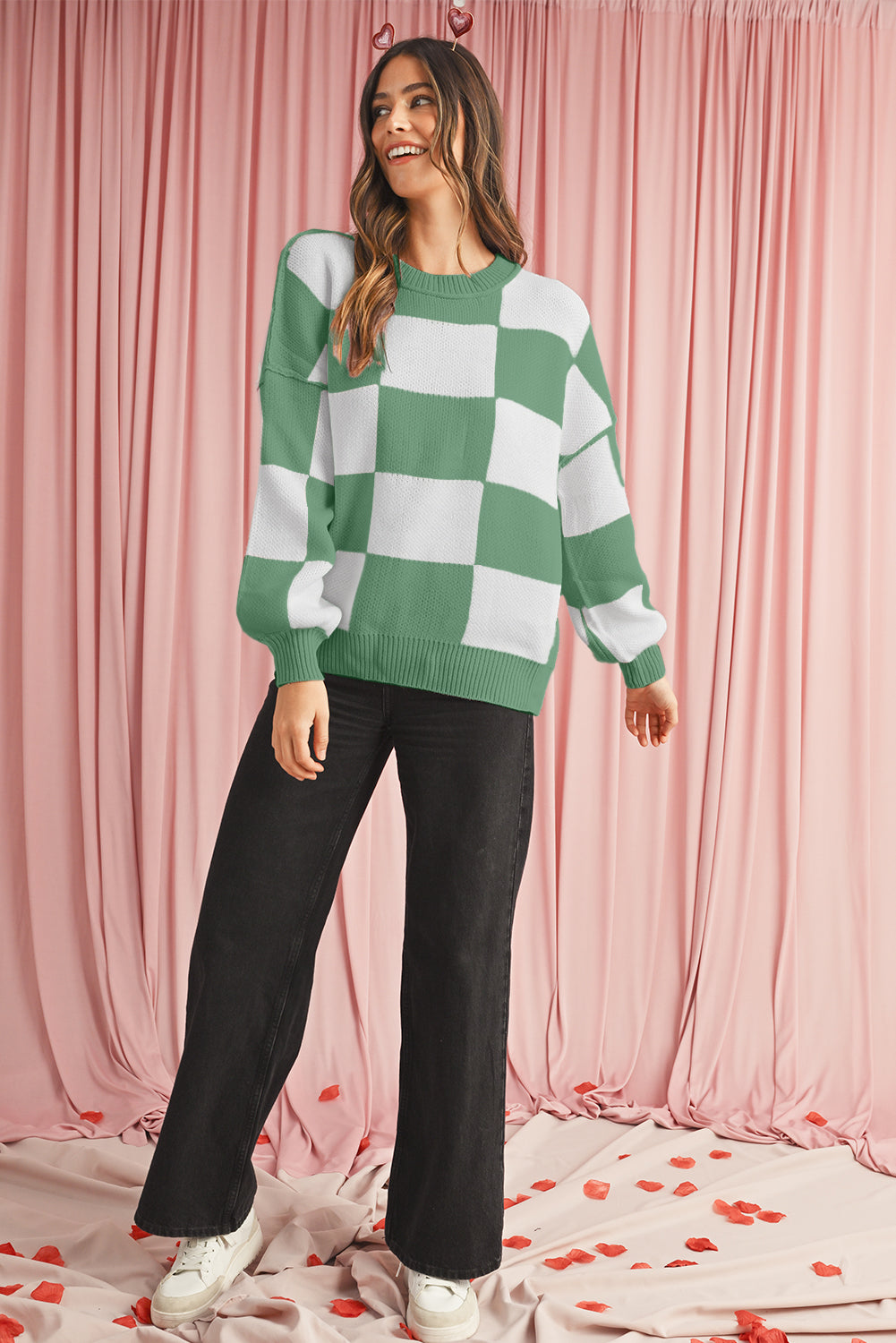 Green Checkered Bishop Sleeve Pullover Sweater