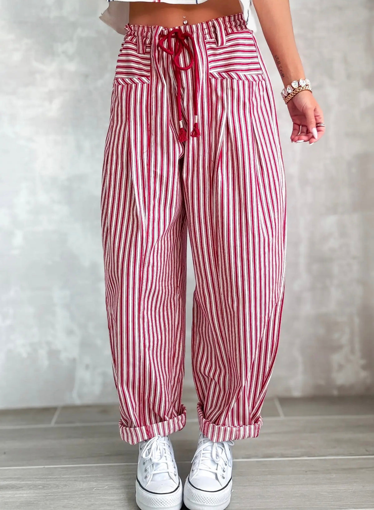 Red and White Pen Stripe Barrel Pants