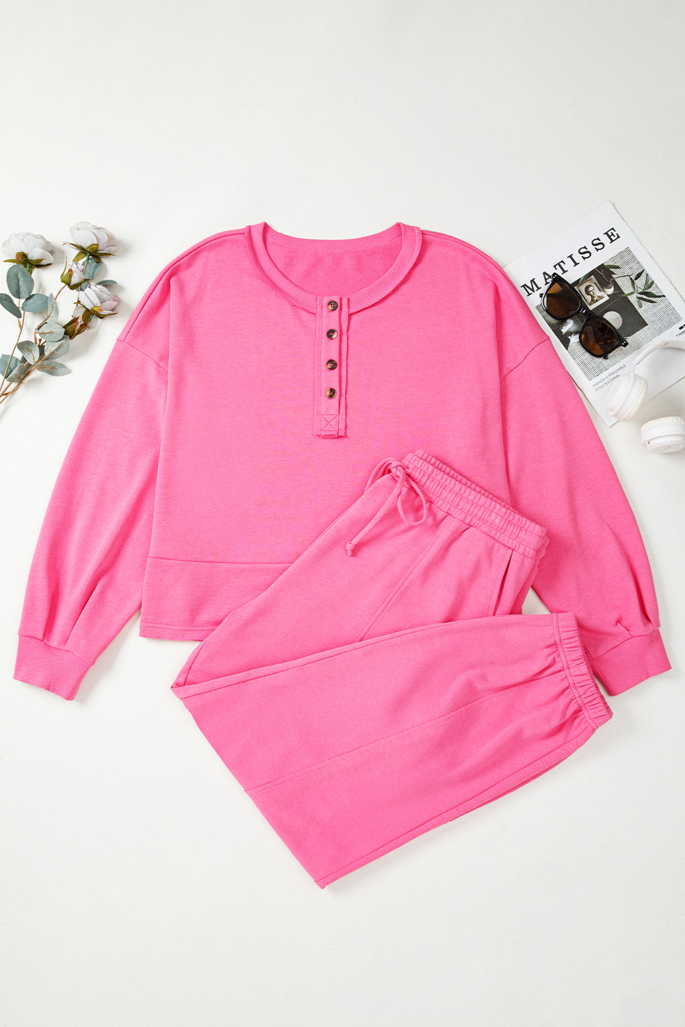 Bright Pink Plus Size Henley Pullover and Jogger Pants Two Piece Set