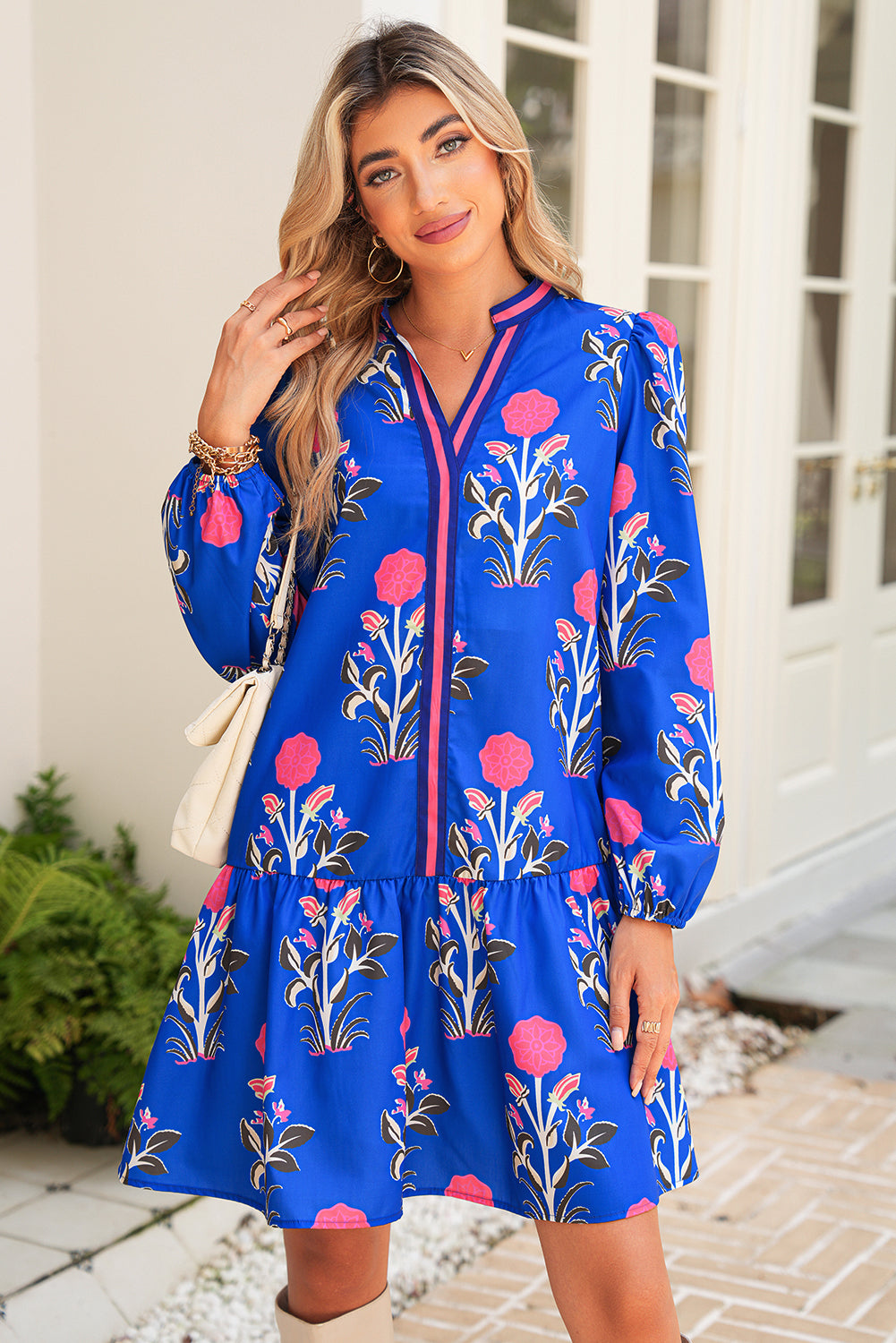 White Floral Print Pop of Color V Neck Mini Dress