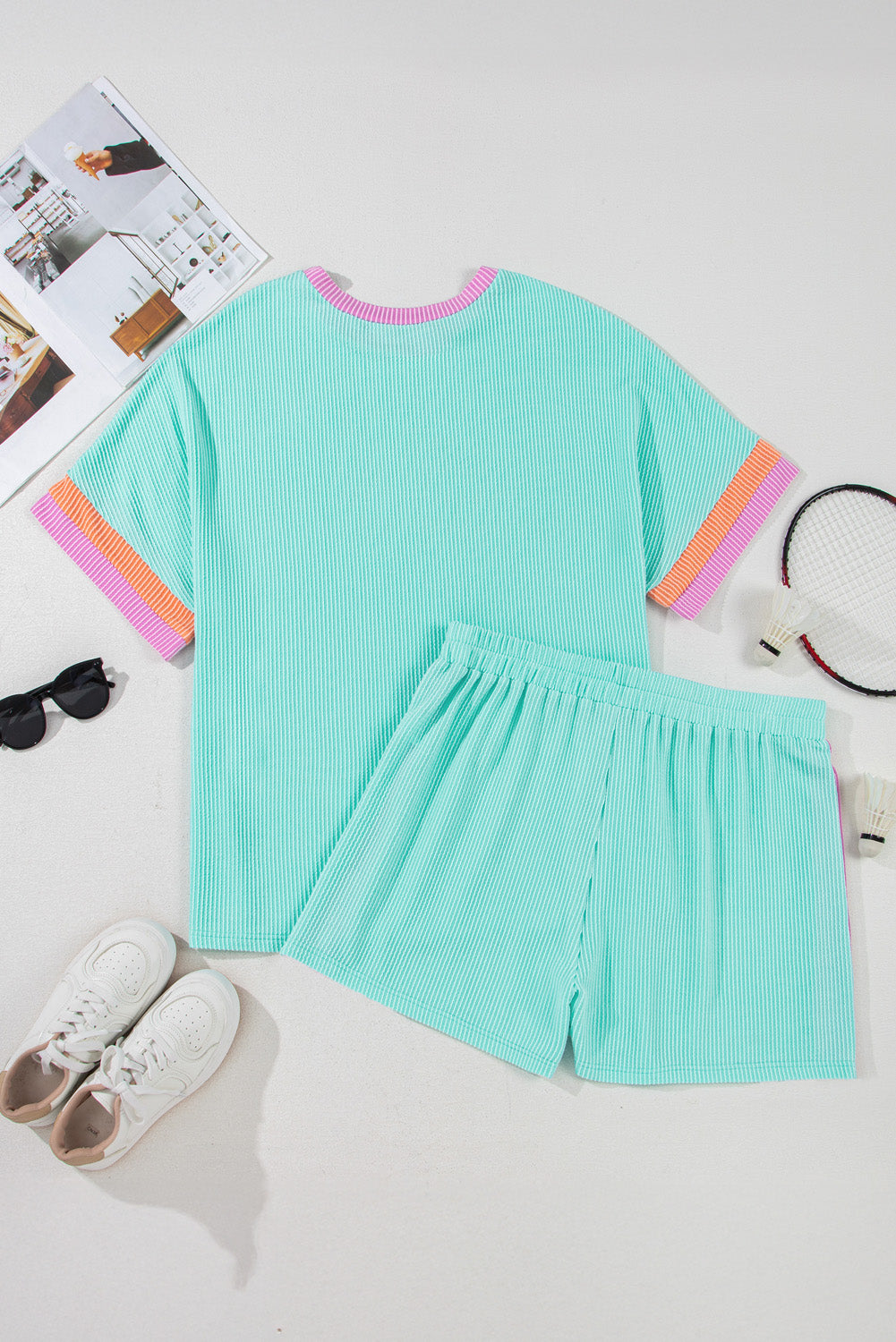 Light Blue Plus Size Color Block Corded Knit Tee and Shorts Set