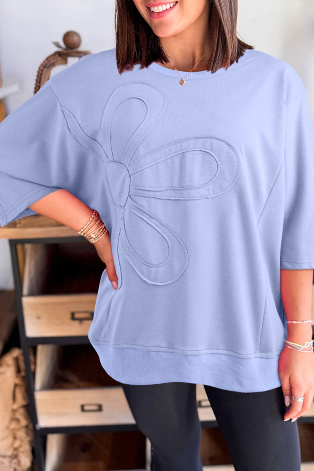 Clearly Aqua Solid Color Floral Patched Half Sleeve Tunic Top