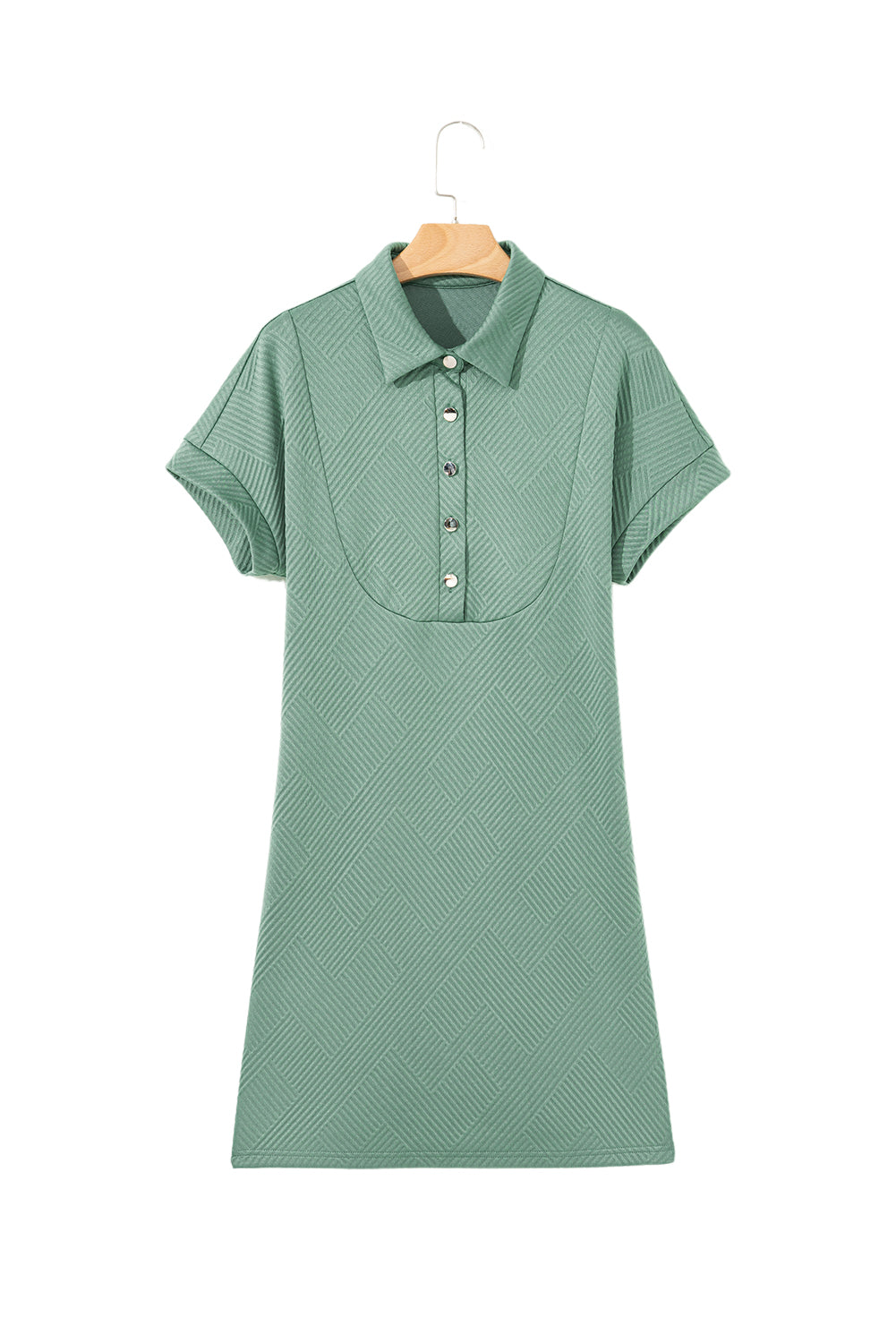 Bright Green Textured V Button Collared Mini Dress