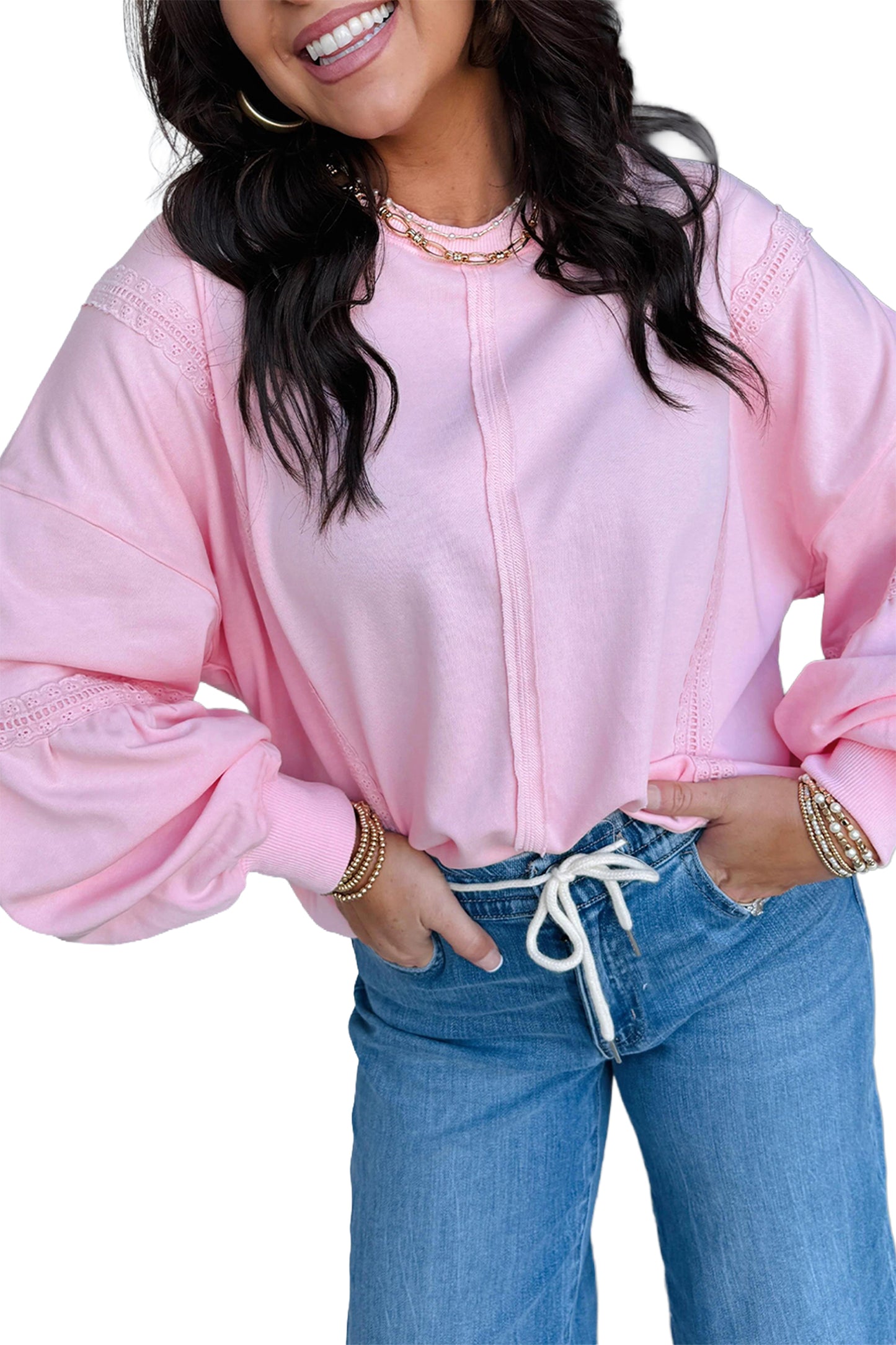 Pink Solid Color Raw Seam Lace Detail Loose Casual Sweatshirt
