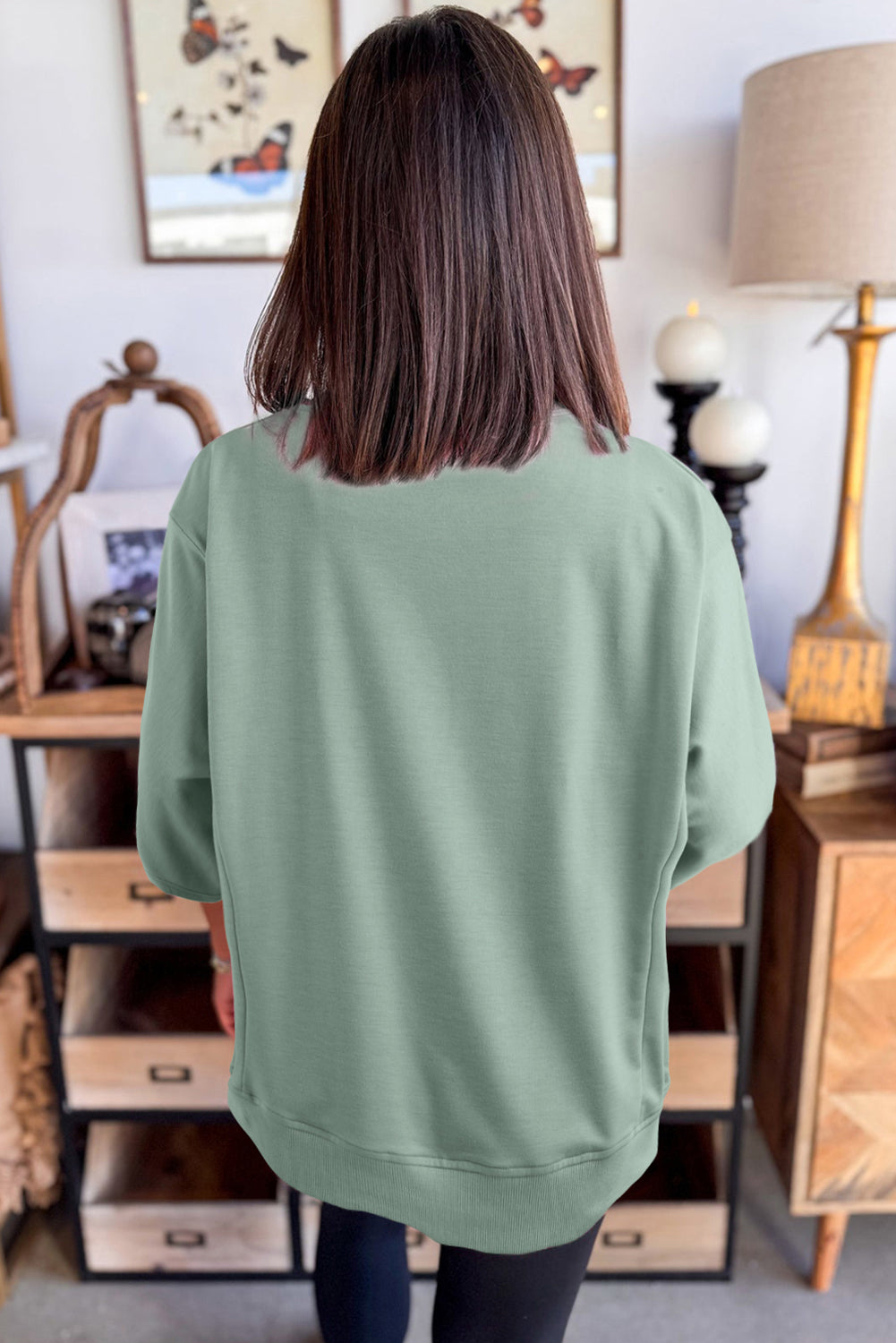 Clearly Aqua Solid Color Floral Patched Half Sleeve Tunic Top