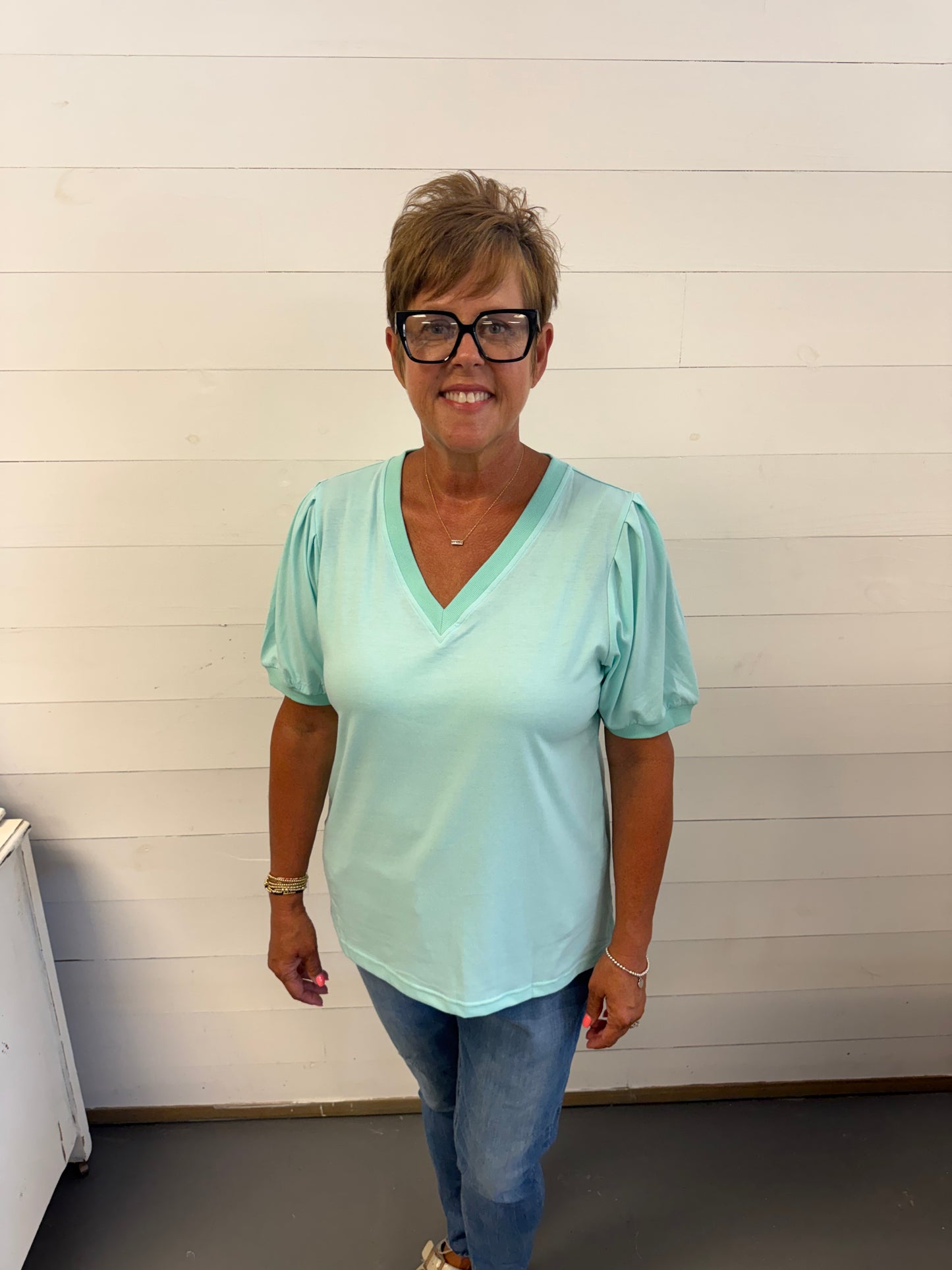 Aqua Blue V Neck Ruffle Sleeve Top