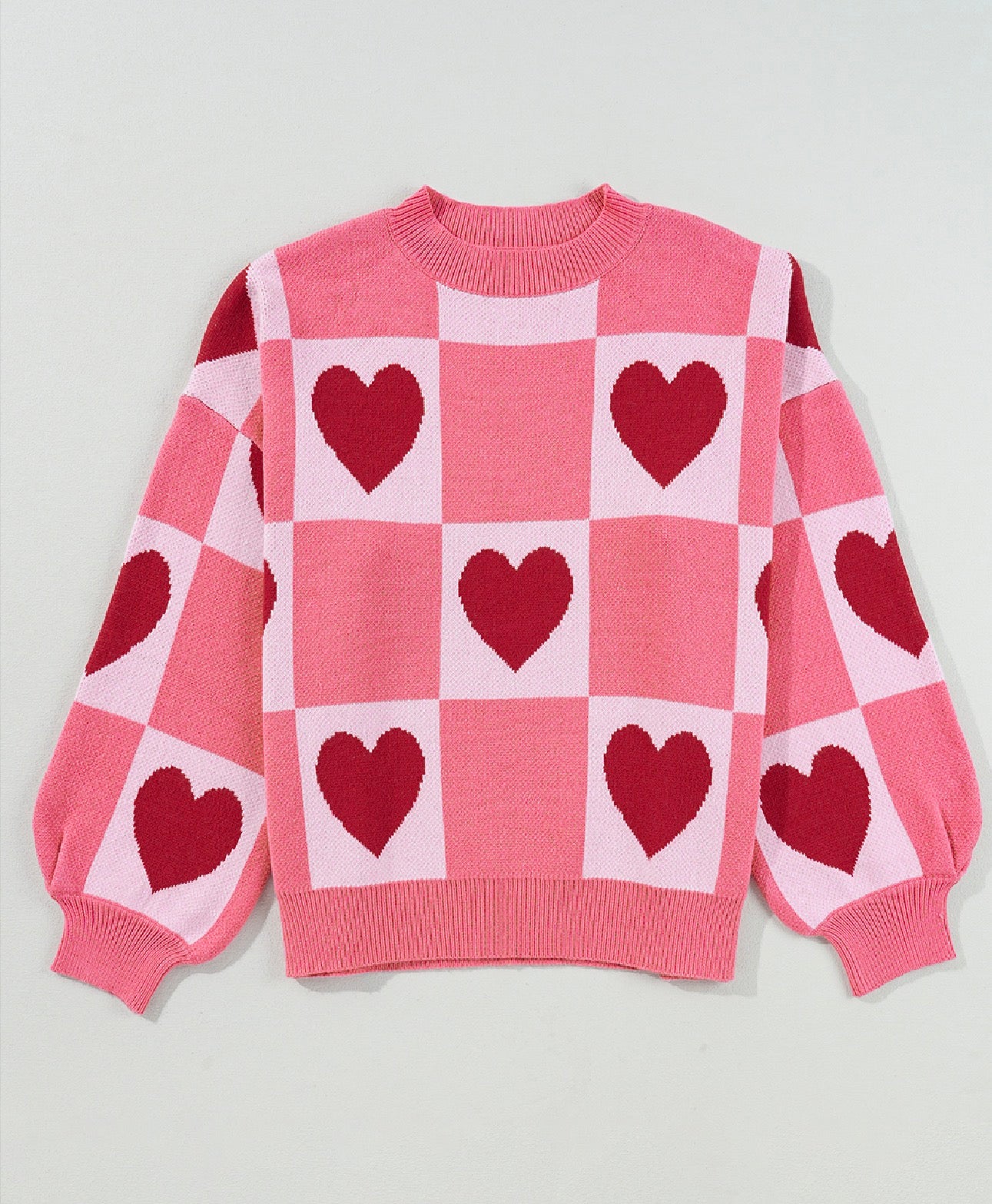 Pink Plus Size Heart Checkered Colorblock Lantern Sleeve Sweater