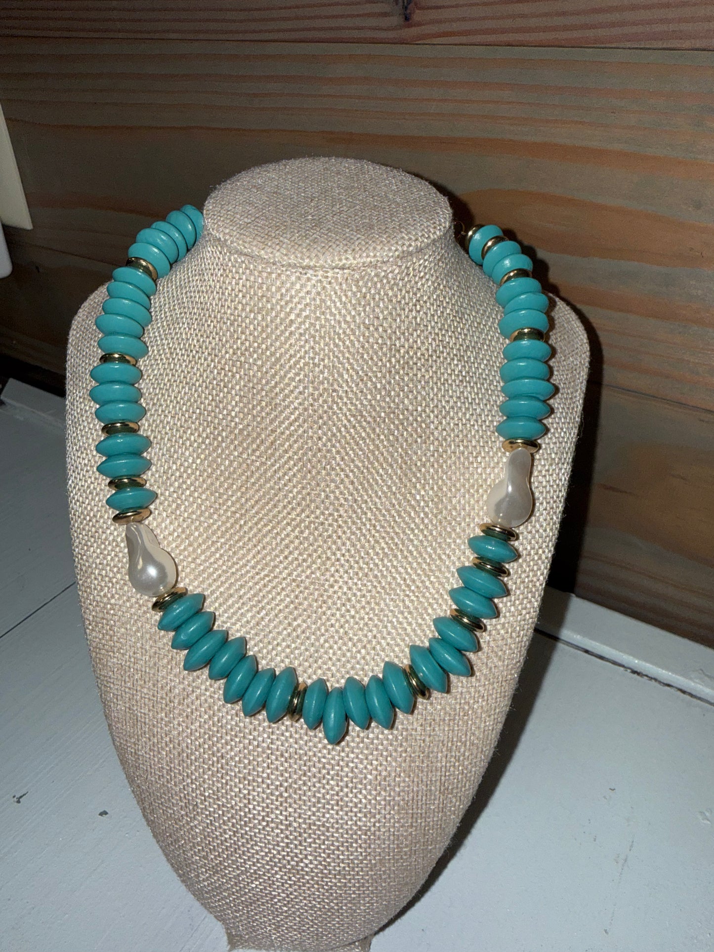 Wooden Aqua Beads with Gold and Pearl Accents