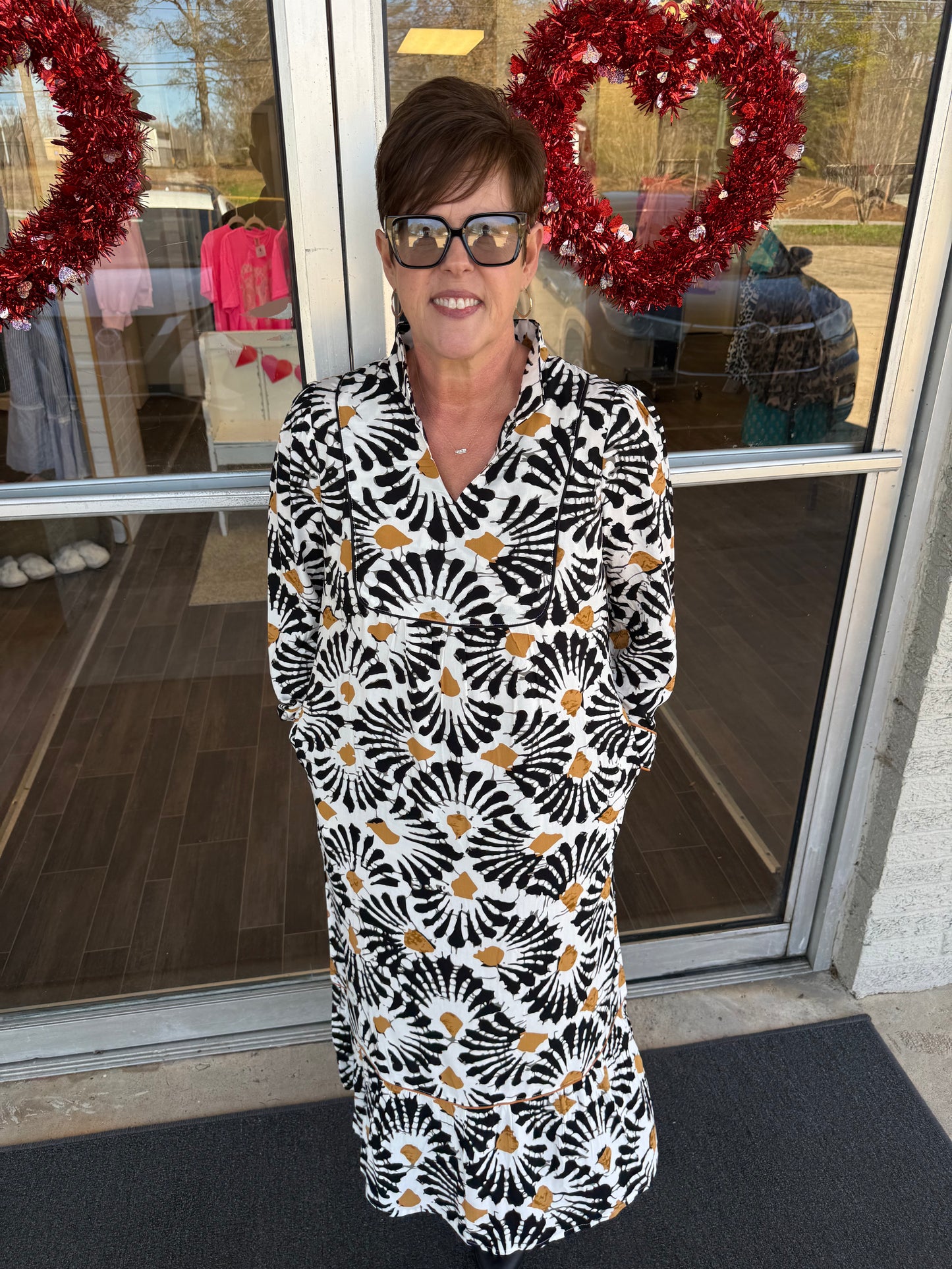 Black Abstract Floral Print Split V Neck Long Dress with Sleeves