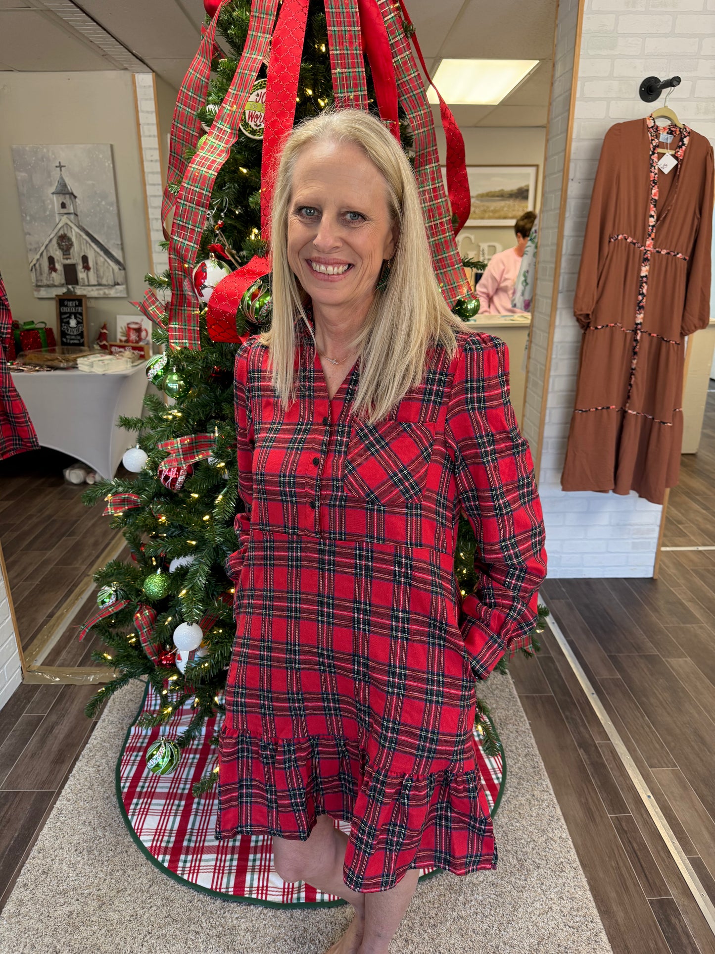 Red Plaid Shirt Collar Half Button Ruffle Hem Long Sleeve Mini Dress