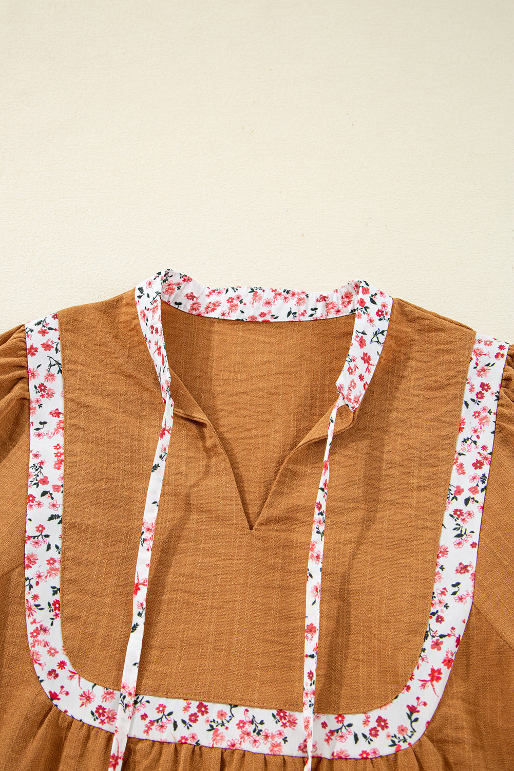 Straw Yellow Split Neck Pleated Floral Trim Puff Sleeve Blouse