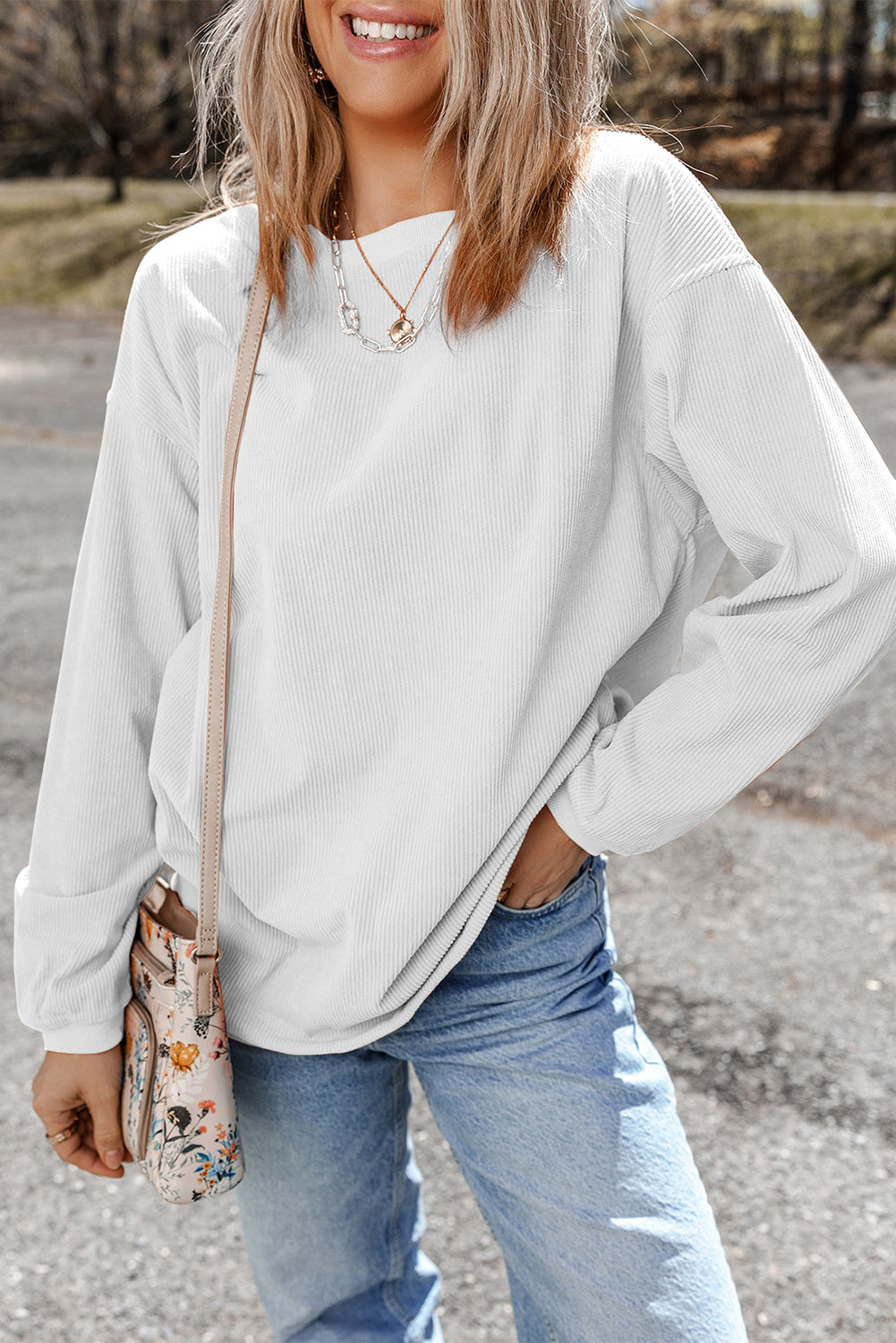 Smoke Gray Plain Drop Sleeve Crinkle Rib Oversized Sweatshirt