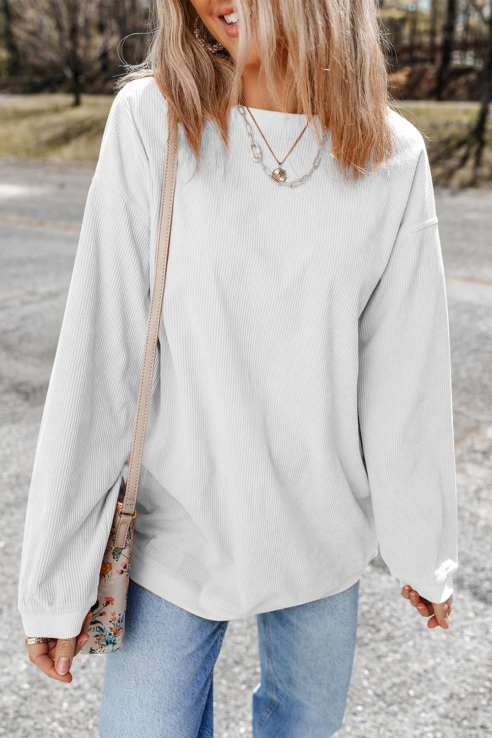 Smoke Gray Plain Drop Sleeve Crinkle Rib Oversized Sweatshirt